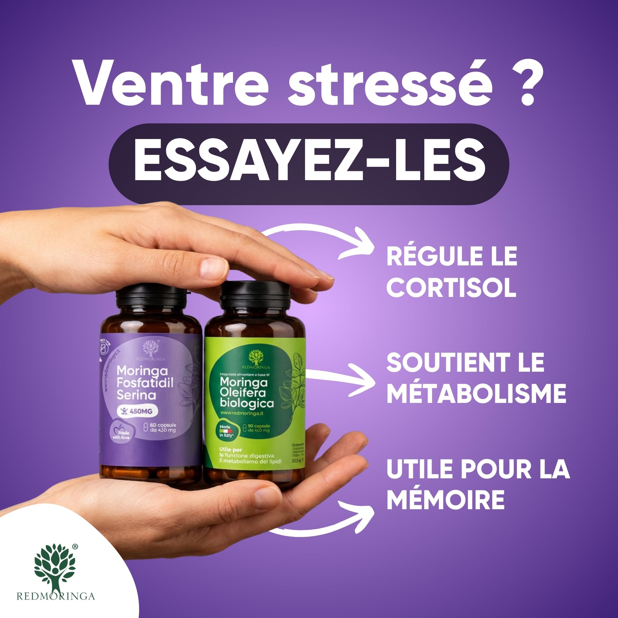 LOW CORTISOLO – Phosphatidylsérine 450 mg + Moringa Oleifera BIO | Pour abaisser le cortisol, ventre de stress | Complément mémoire et concentration | 150 gélules végétales Made in Italy | RedMoringa