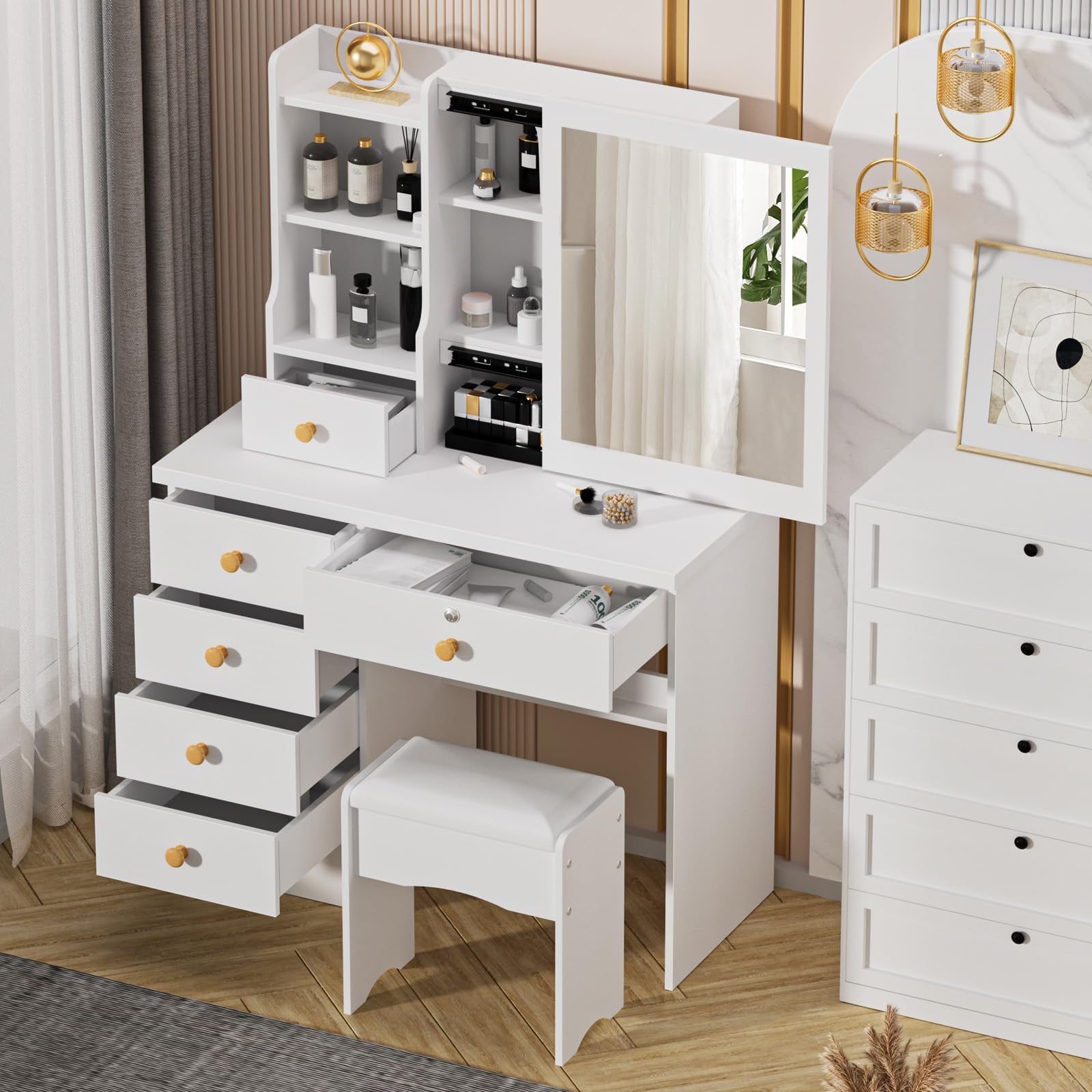 Dressing Table with Mirror and Stool, Vanity Desk with Mirror and Drawers, Makeup Desk with 6 Drawers and 6 Shelves, Wooden Modern Makeup Desk for Bedroom, Cloakroom (White-mirror without light)