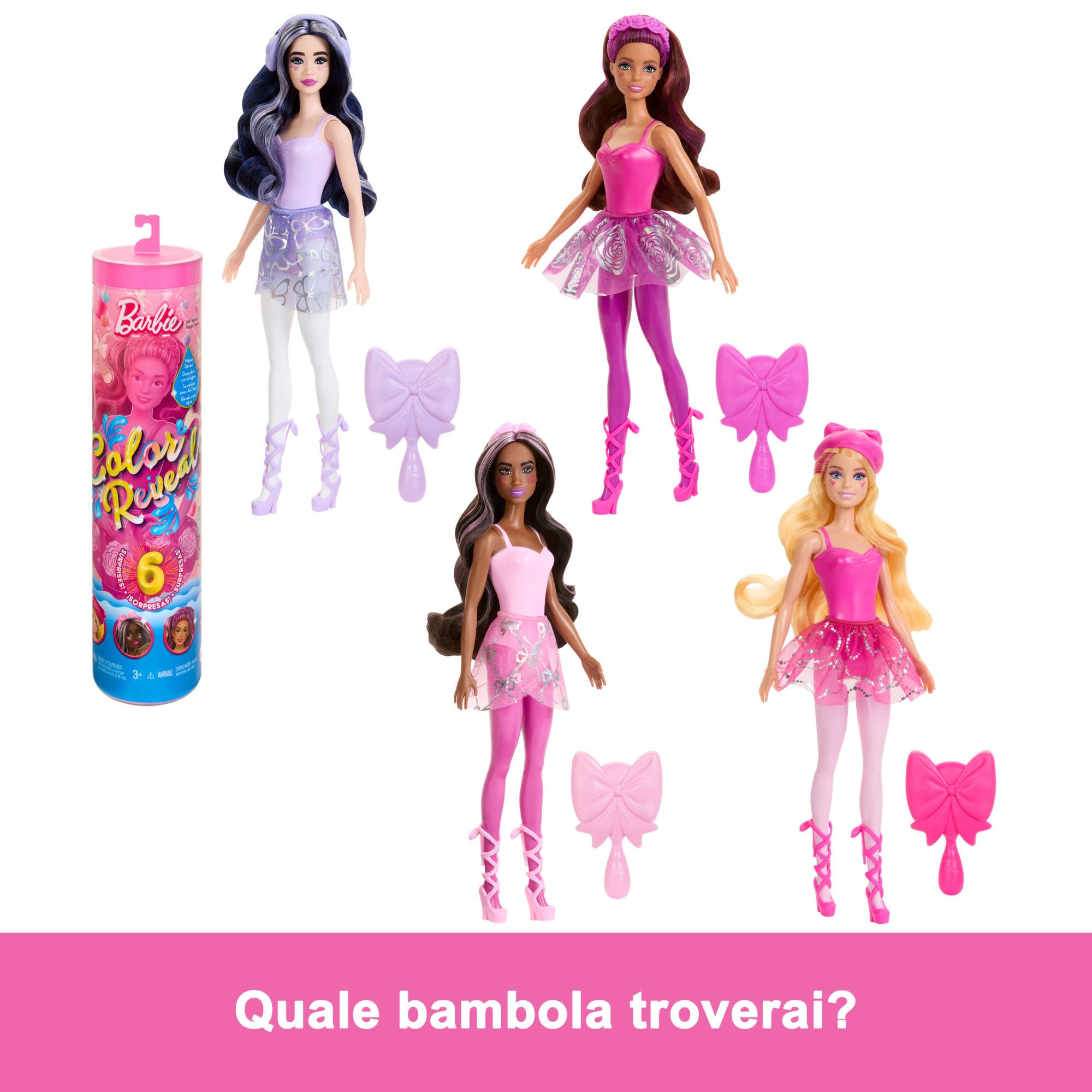 Barbie - Color Reveal Serie Ballerina assortimento, bambole ispirate al Balletcore con 6 accessori a sorpresa da scoprire con effetto cambia colore, giocattolo per bambini, 3+ anni, HRK17