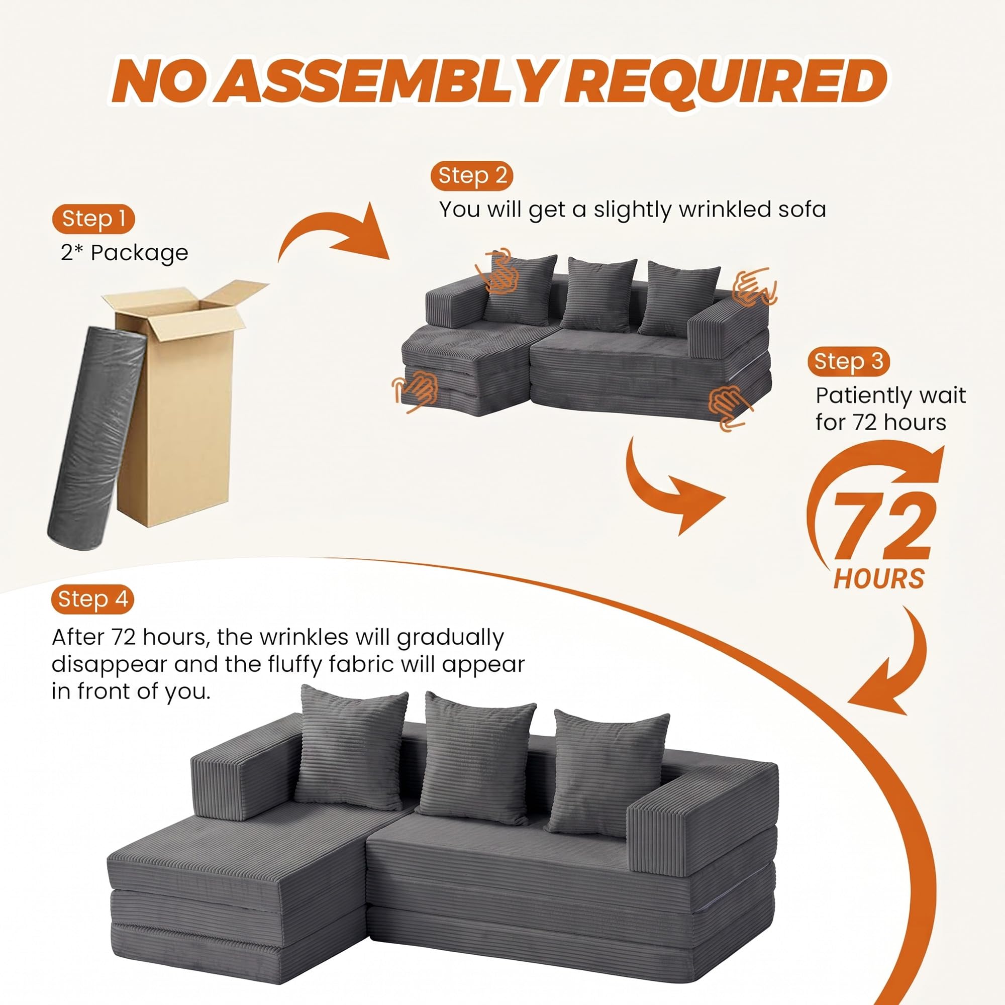6-in-1 Tri-Folding Mattress | Cloud Boneless L-Shaped Modular Sectional Couches | Corduroy Pet-Friendly Convertible Futon Sofa Bed with 800LB Capacity Apartment, Guest Room, Game Room
