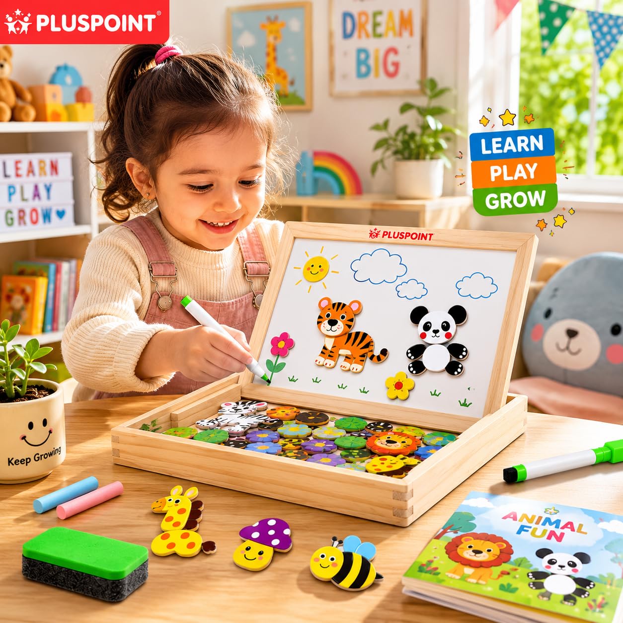 PLUSPOINT Wooden Magnetic Multifunctional Double Sided Chalkboard Dry Erase Board with Chalk, Marker & Duster Educational Whiteboard Blackboard Drawing Toys Learning & Imagination Play for Kids 2