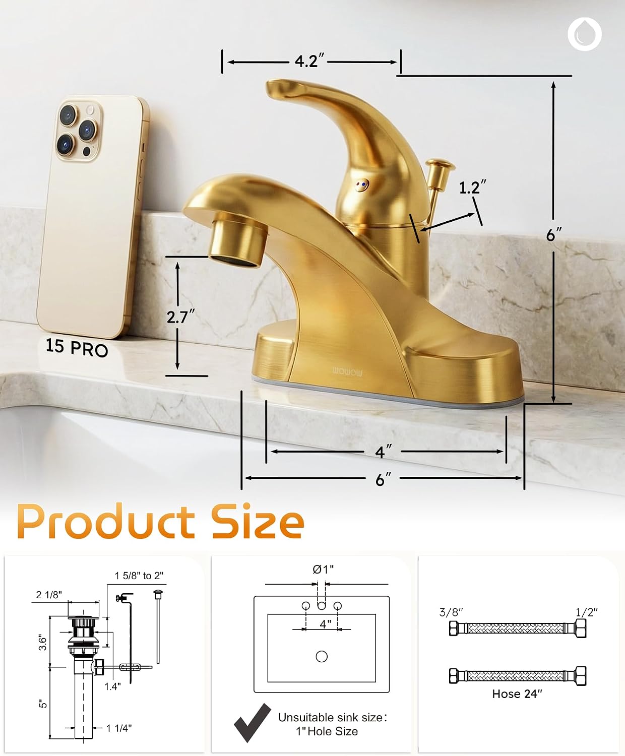 WOWOW 4 Inch Bathroom Faucet Single Handle Faucet for Bathroom Sink Brushed Gold Vanity Tap with Lift Rod Drain Assembly, Rv Lavatory Taps 3 Hole