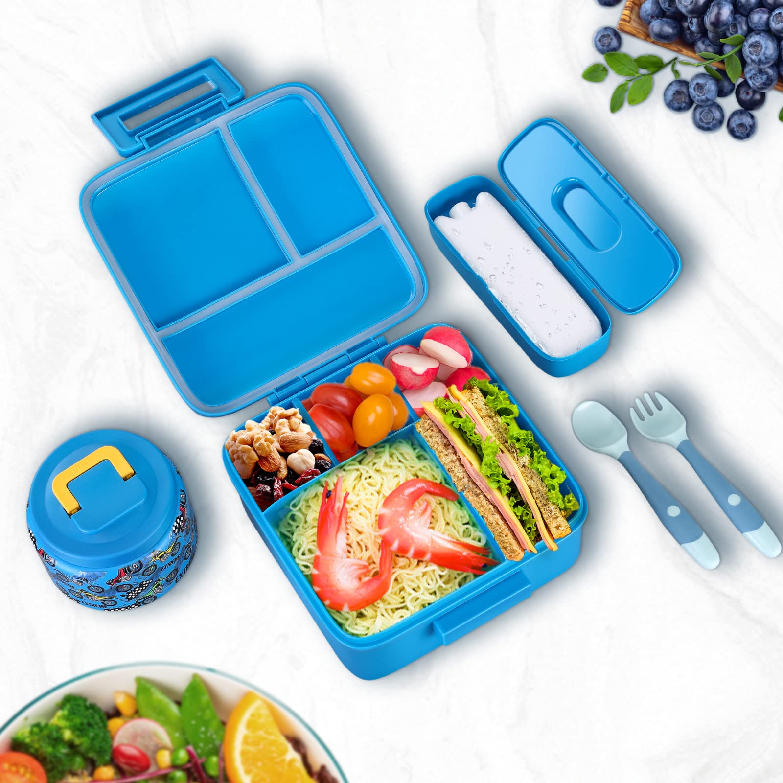 Lonchera Bento para niños con termo de sopa de 8 onzas, recipientes de almuerzo a prueba de fugas con 5 compartimentos, tarro térmico para alimentos y bolsa de almuerzo, contenedores de alimentos 2