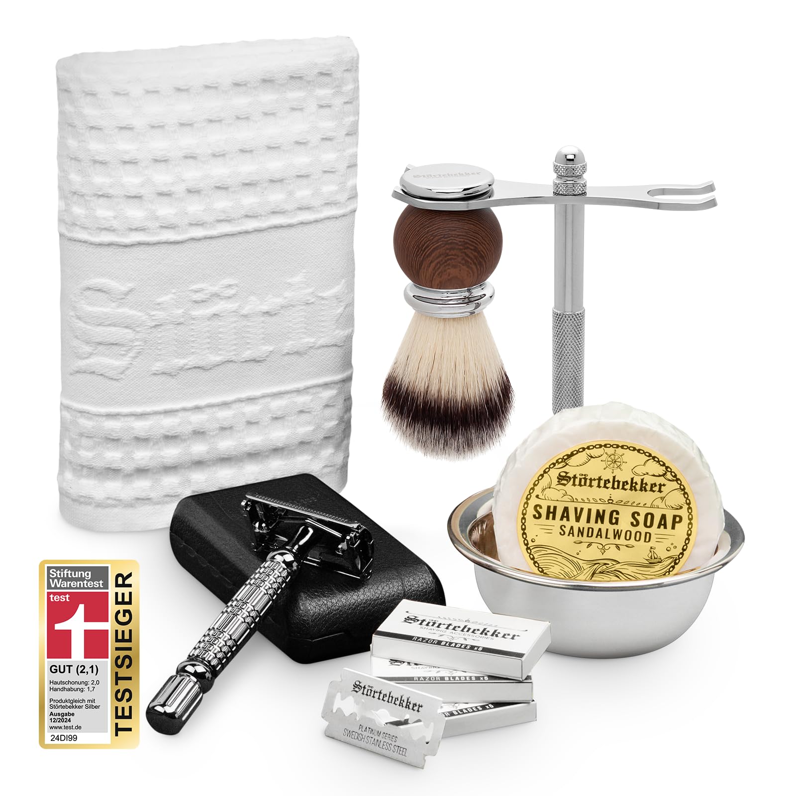 Störtebekker® Set intenditori – Set di alta qualità per una rasatura perfetta – incl. rasoio, pennello da barba, sapone da barba, ciotola per rasatura, panno da barba, idea regalo (Nero - Nero)