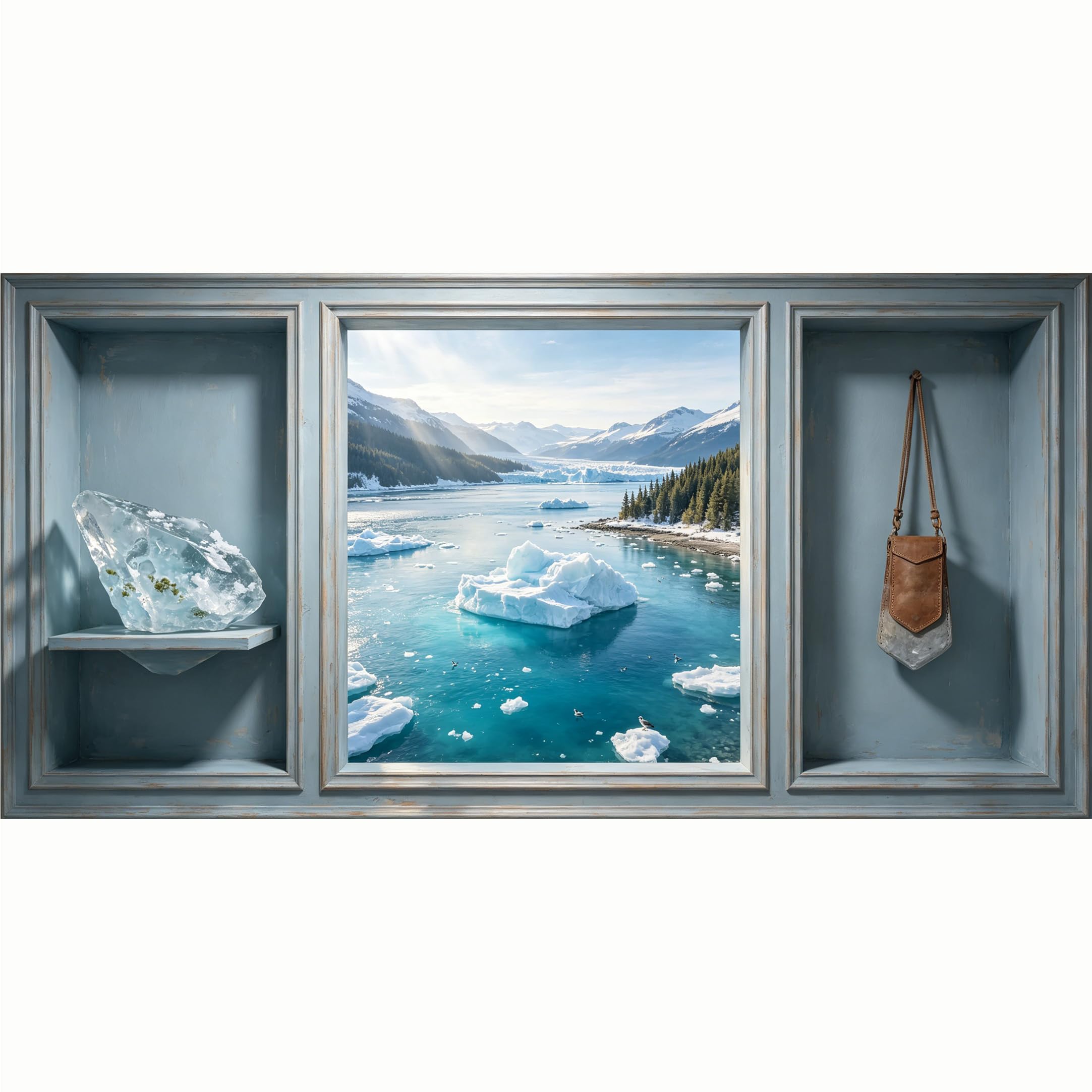 QZLITHOTIC 50x100cm 3D Framed Wall Art， Glacier Lake Mountain Landscape Trompe l'oeil SelfAdhesive Mural， WaterActivated Peel & Stick Fabric Decor Wall Decal for Bedroom Living Room