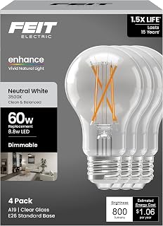 Feit Electric A19 LED Light Bulb, 8.8W (60W Equivalent), 3500K Neutral White Clear Finish, Dimmable, Instant On, 17,000-Hour Lifespan, for Residential & Commercial Use, A1960CL935CA/FIL4/GB, 4 Pack