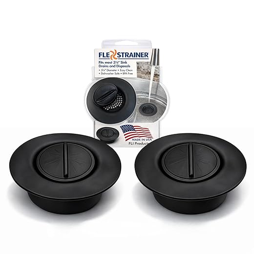 FLI Products Flex Strainer DPFS1010-2 Kitchen Sink Strainer and Drain Plug Stopper All in One, Fits All 3-1/2” Drains and Disposals, 5-1/4” Diameter Basket, USA MADE Thermoplastic Material Black (2Pk)