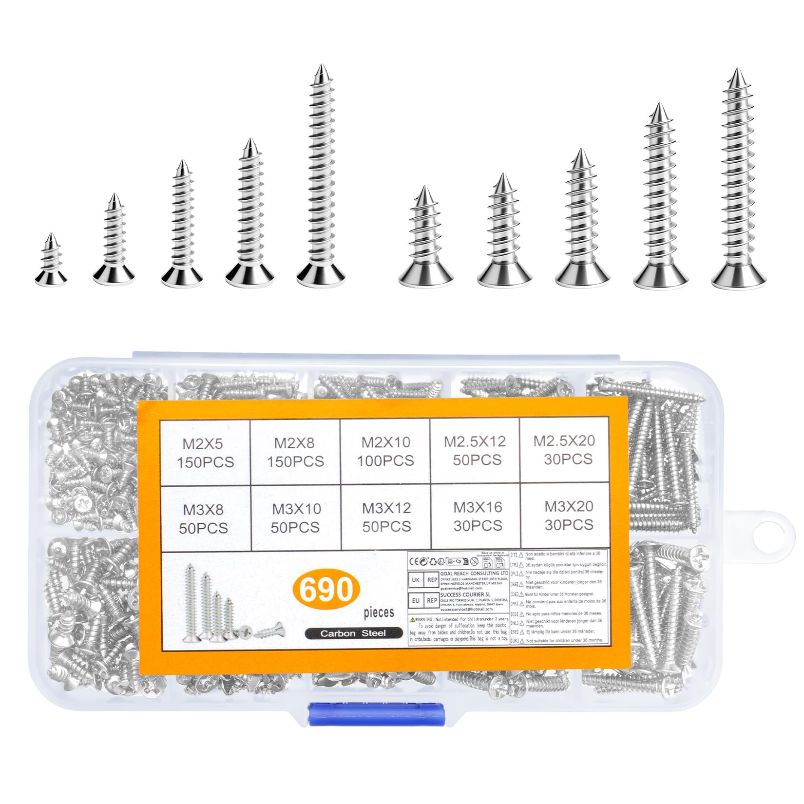 690 Pcs M2 M2.5 M3 Small Wood Screws Assortment Kit, for Phillips Cross Flat Head Self Tapping Screws for Deck Chipboard Construction Drywall Concrete Screw Assorted Set(silver)