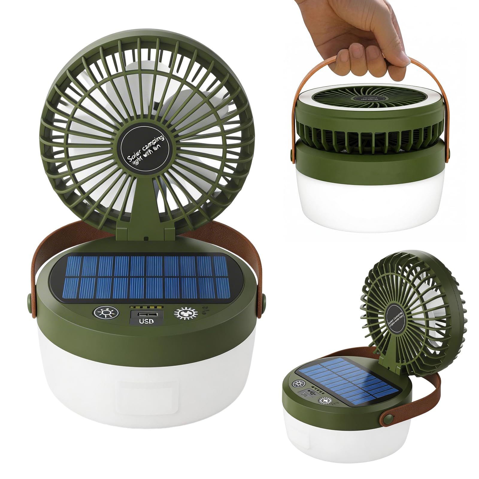 Ventilateur de Camping avec Lumière, Ventilateur Solaire et Portable, Lampe de Camping Solaire Avec ventilateur, 4 Modes d'éclairage, 3 Vitesses, Pour Camping, Aventure, Pêche, équipement d'urgence