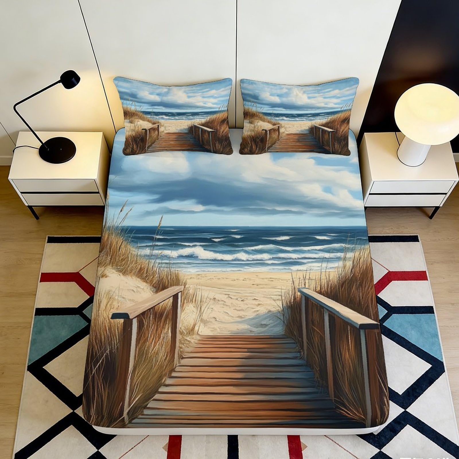 3D Printed Beach Path Fitted Sheet Microfiber Durable Soft 3D Printed Ocean View Mattress Cover for Bedroom Dormitory Guest Room Protection 200x200x25cm