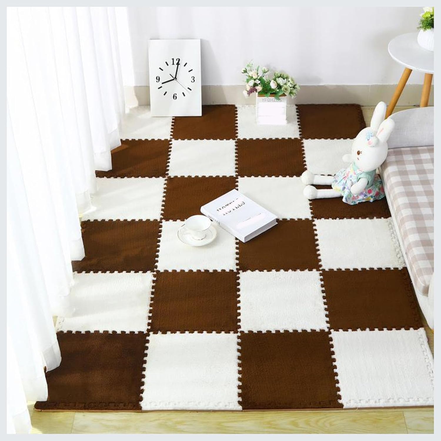 LoiYtrd Plush Interlocking Floor Tiles 16Pack 30x30cm Square EVA Puzzle Play Mat Interlocking Foam Mats(White+Coffee)