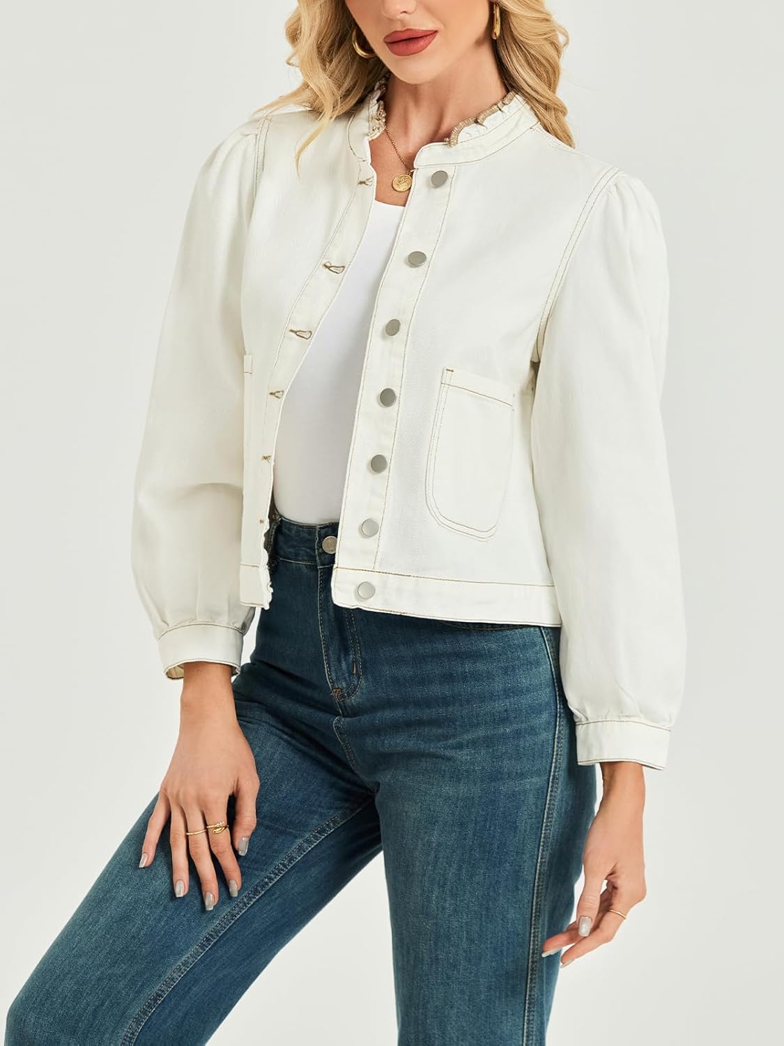 LifeShe Puff Sleeve Denim Jacket for women Ruffle Neck Jean Jacket Trendy 2025 Fall boyfriend Shacket - Image 4