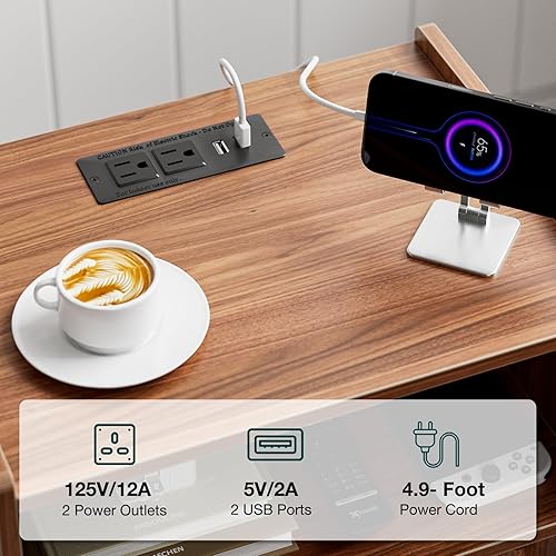 Miniatura 4 de Mesa auxiliar con estación de carga, moderna mesa auxiliar con cajón estriado, mesita de noche, mesita de noche con espacio de almacenamiento de 2