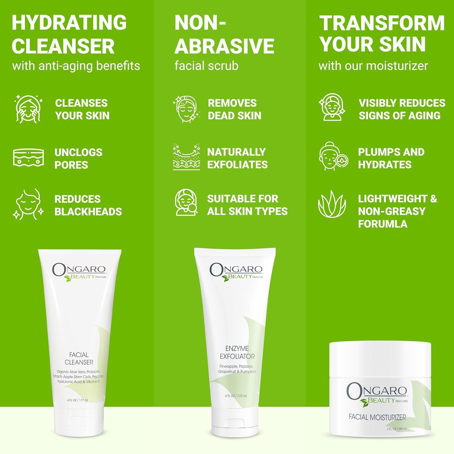 Ongaro Beauty Your Best Skin Today Set - Hydrating Facial Cleanser Wash, Gentle Exfoliating Face Scrub, and Hydrating Face Moisturizer, Complete Skincare for All Skin Type for Men & Women - 12 Fl Oz​ - Image 4