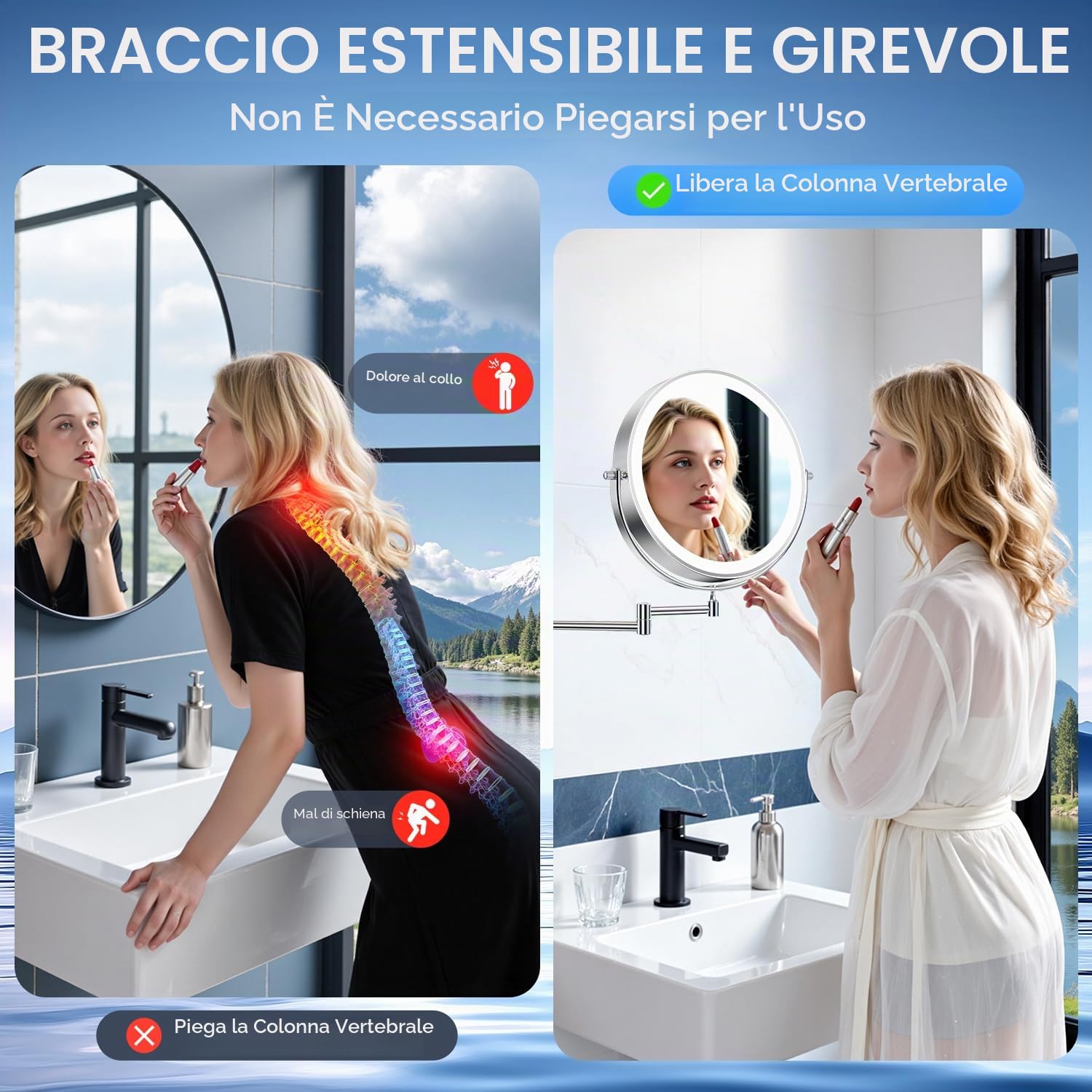 Auxmir 25cm Specchio Trucco con Luci Ingranditore 30X/1X da Parete, Argento | Estensibile, Rotazione a 360°, 54 LED, 3 Colori, Luminosità Regolabile, 5000mAh Batteria, Ricaricabile, per Bagno Hotel Spa