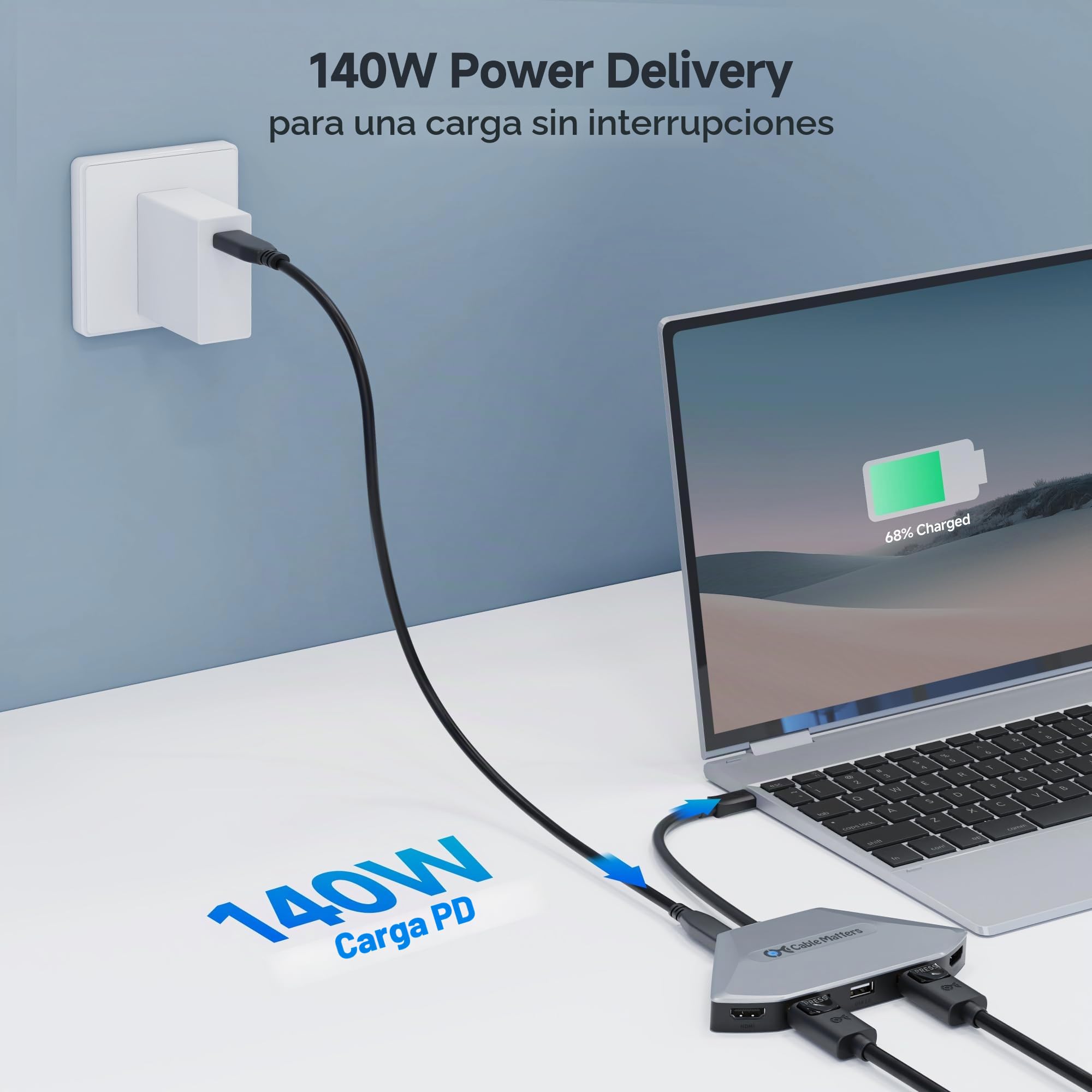 Cable Matters Adaptador MST USB-C 4K para 4 Pantallas, PD 140 W | 1x DisplayPort 2.1, 1x HDMI 2.1 y 2x puertos HDMI/DisplayPort de doble función, compatible con USB4 y Thunderbolt 4/5