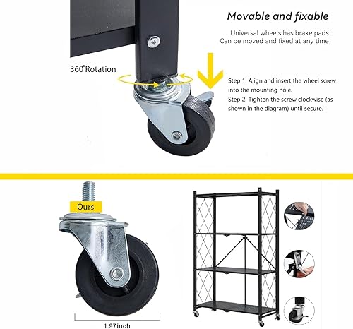 Miniatura 8 de DEANIC Estantes de almacenamiento plegables de 4 niveles con ruedas, estantería de gran capacidad, estante de alambre de metal independiente,
