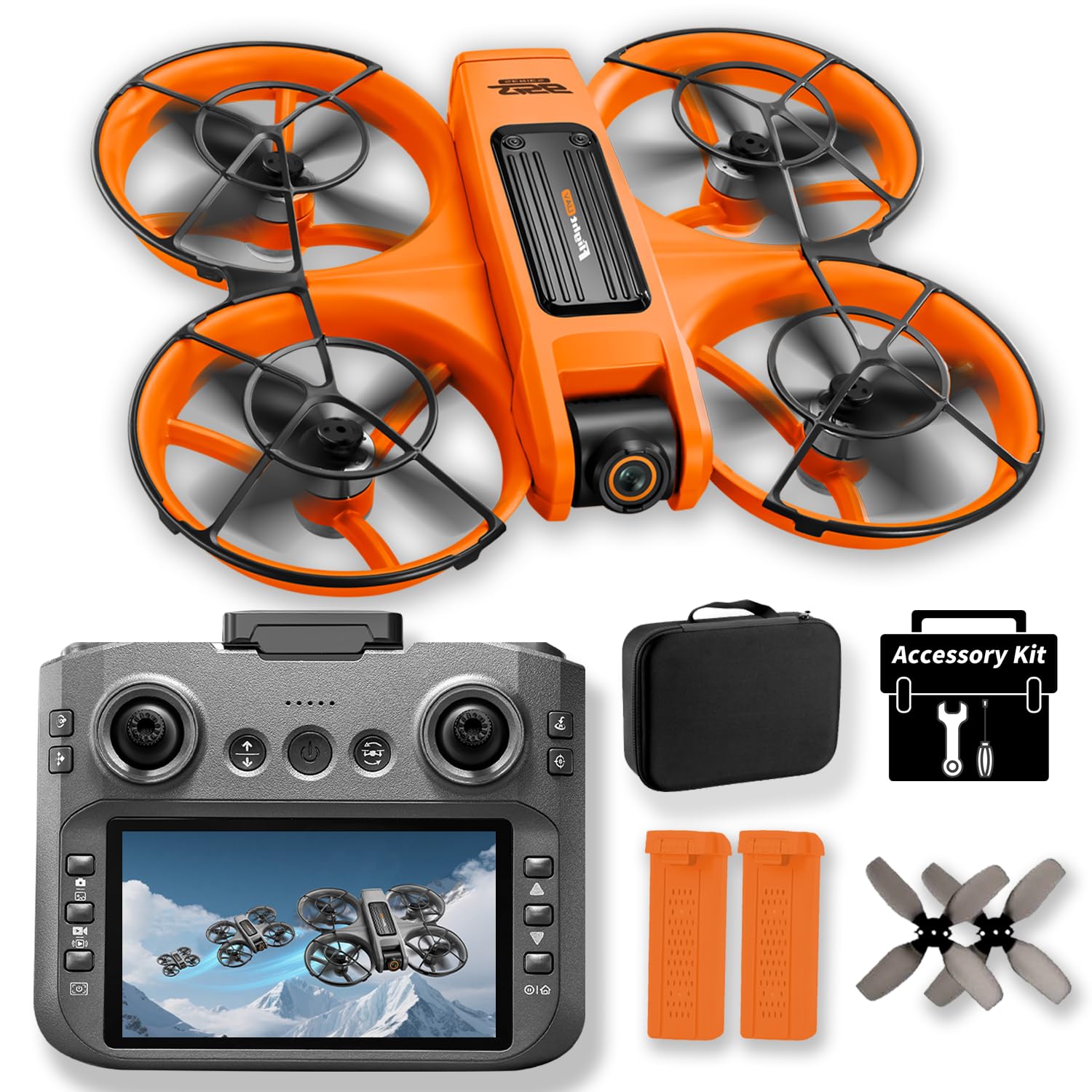 UAVRIAO Drone with 4.5" HD Screen Remote, 2K Dual Camera Quadcopter, Brushless Motors, 360° protective cover， Auto Hover, 30 Min Flight (2 Battery), WiFi FPV, Follow Me, 3D Flip, Headless Mode - Great Gift for Adults,