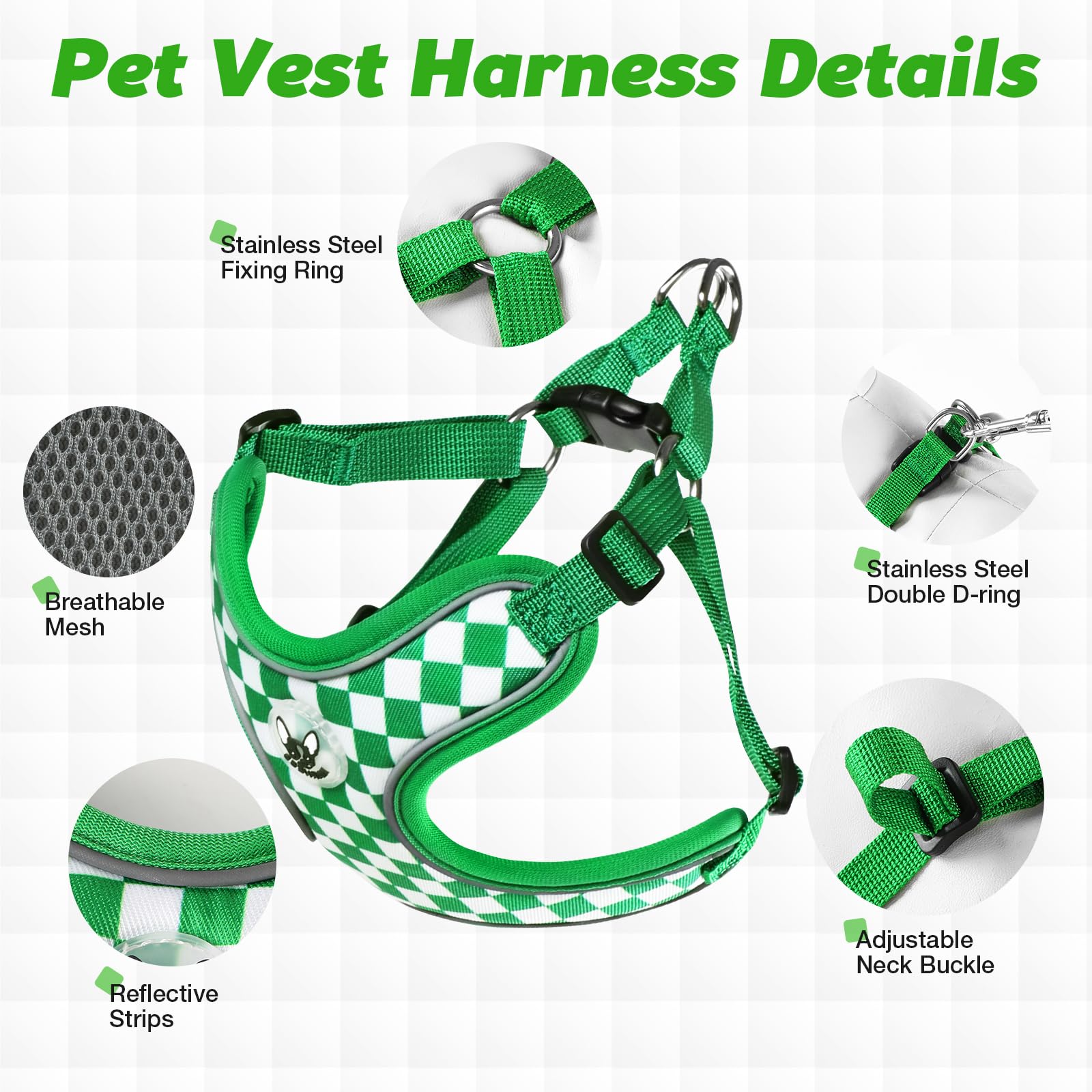 Pettorina Cane Taglia Piccola, Step-in Pettorina Anti-tiro per Cuccioli Gatti con Guinzaglio, Regolabile Riflettente Traspirante Imbracatura Cane Morbida per Passeggiate Corsa (Verde M)