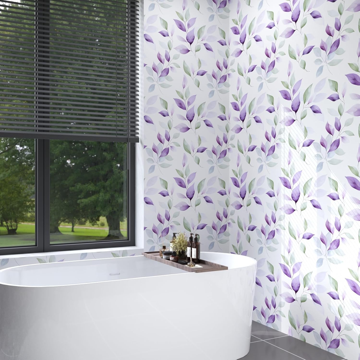Green Purple Leaf Wallpaper Peel and Stick 17.5in × 32.8ft Vintage Leaf Contact Paper Vinyl Self Adhesive Removable Boho Modern Floral Wall Paper for Kitchen Walls Desk Countertop