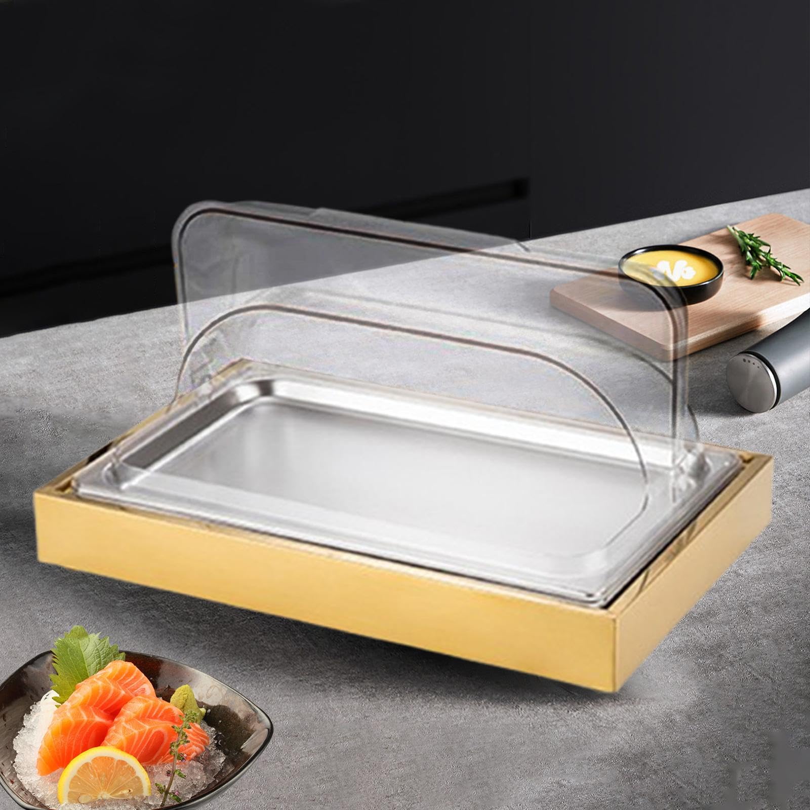 Qianly Bandeja Expositora para Servir Alimentos Fríos, Fácil de Limpiar, para Buffet de, con Tapa Enrollable Transparente, Ideal para Reuniones en H, Oro
