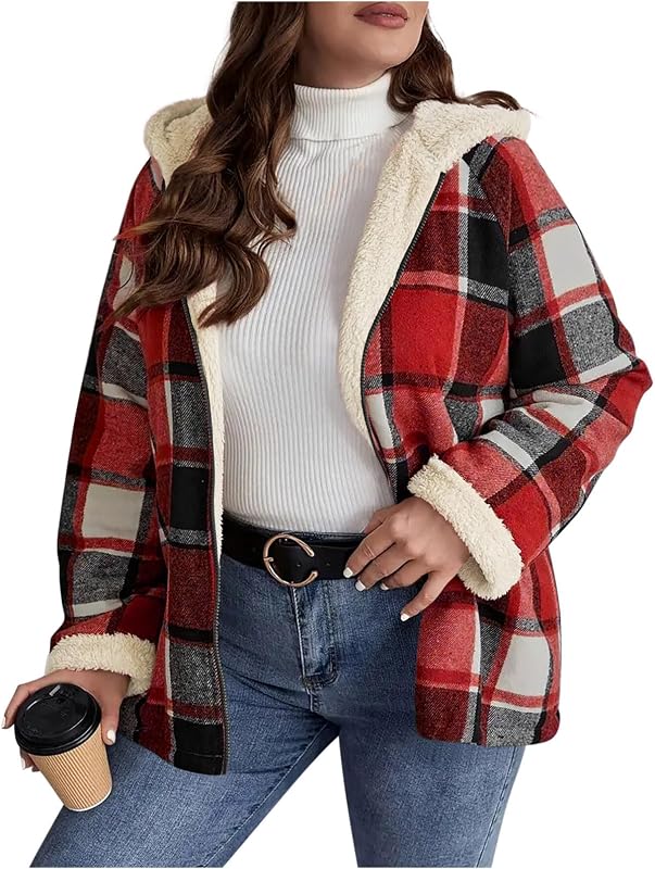 Womens Plaid Shacket Jacket Sherpa Lined Flannel Jackets Oversized Winter Warm Zip Up Fleece Hoodies Coat Outwear