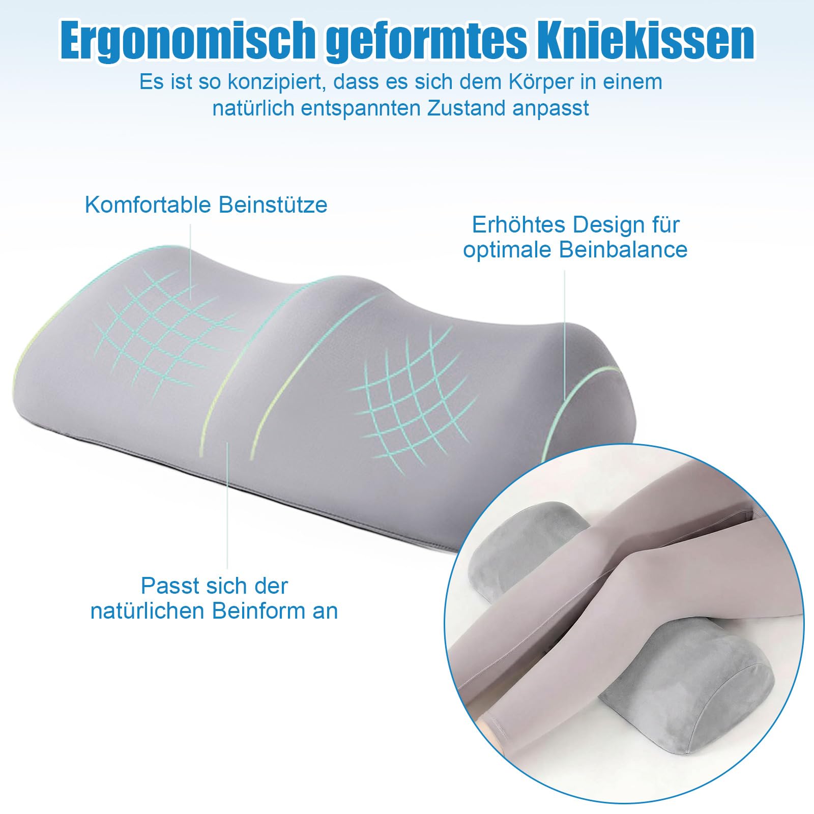 Ergonomie Kniekissen für Schlafen - Knierolle Venenkissen 55×30×12CM, Knierolle Lagerungsrolle, Venenkissen Beinhochlagerungskissen, Polsterkissen für Beine Knie, Seiten- und Rückenschläfer (Hellgrau)