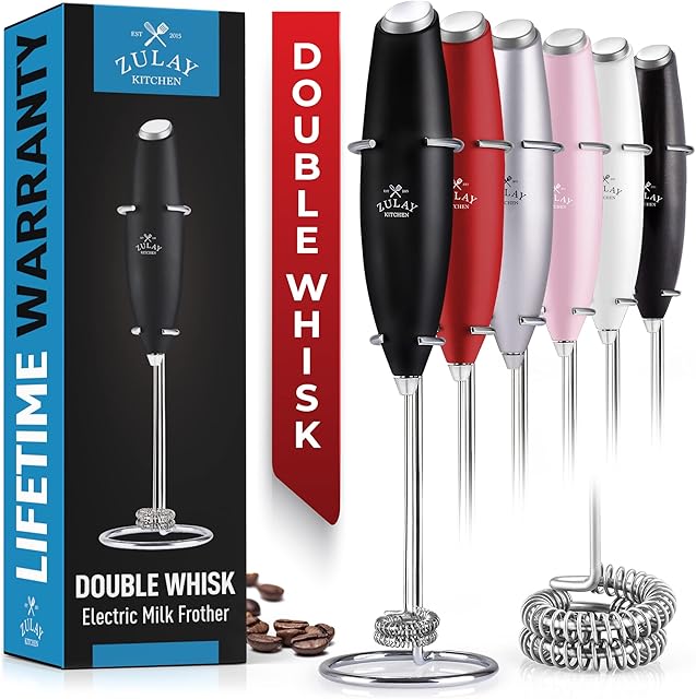 Zulay Double Whisk Milk Frother Handheld Mixer - High Powered Frother For Coffee With Improved Motor - Milk Frother Electric Whisk Drink Mixer For Cappuccino, Frappe, Matcha & More, Twin Whisk - Black