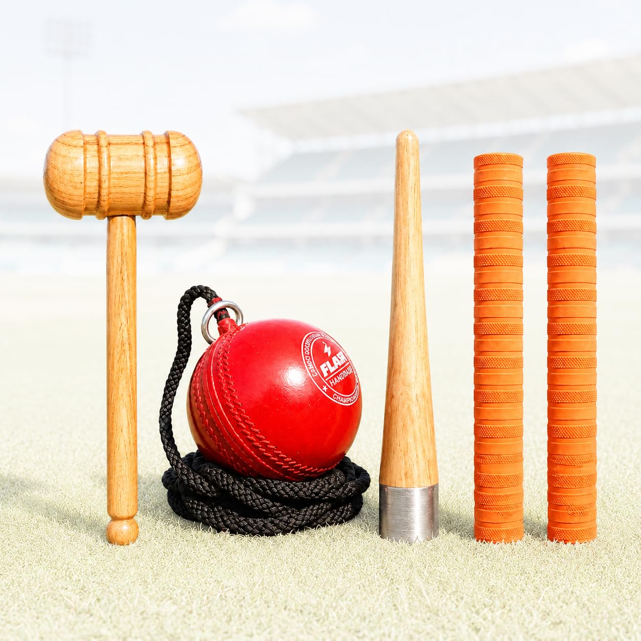 Bat Knocking Kit: Wooden Mallet Hammer for Knocking, 2 Rubber Bat Grips, Gripper Cone to add Grip to Cricket Bat & Knocking Hanging Ball Enhance Bat Durability & Handle Comfort-image-20