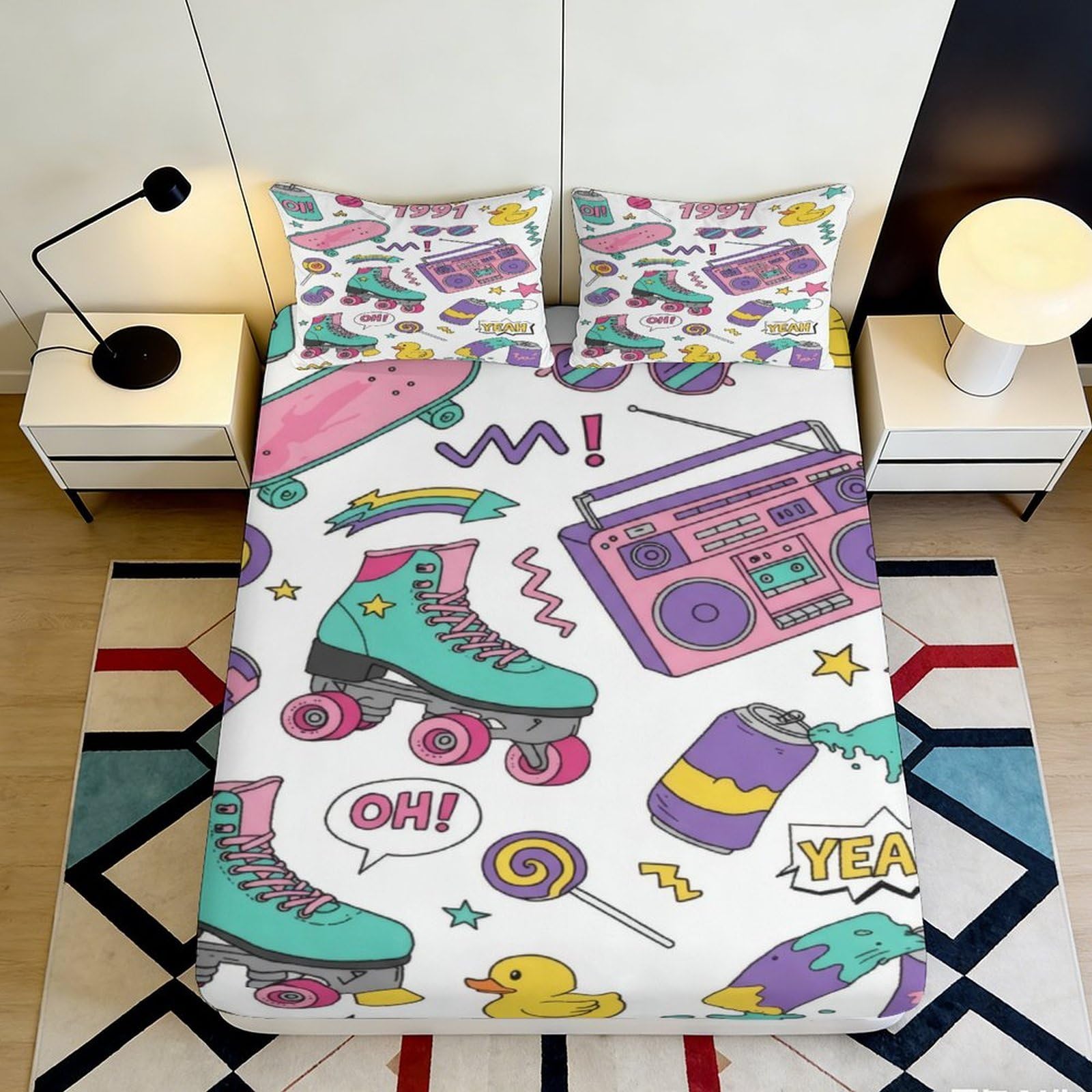 3D Printed Retro Roller Skate Fitted Sheet Microfiber Deep Pocket Non-Slip Bedroom Bedding Cartoon Mattress Fitted Cover Washable for Home 90x200x25cm