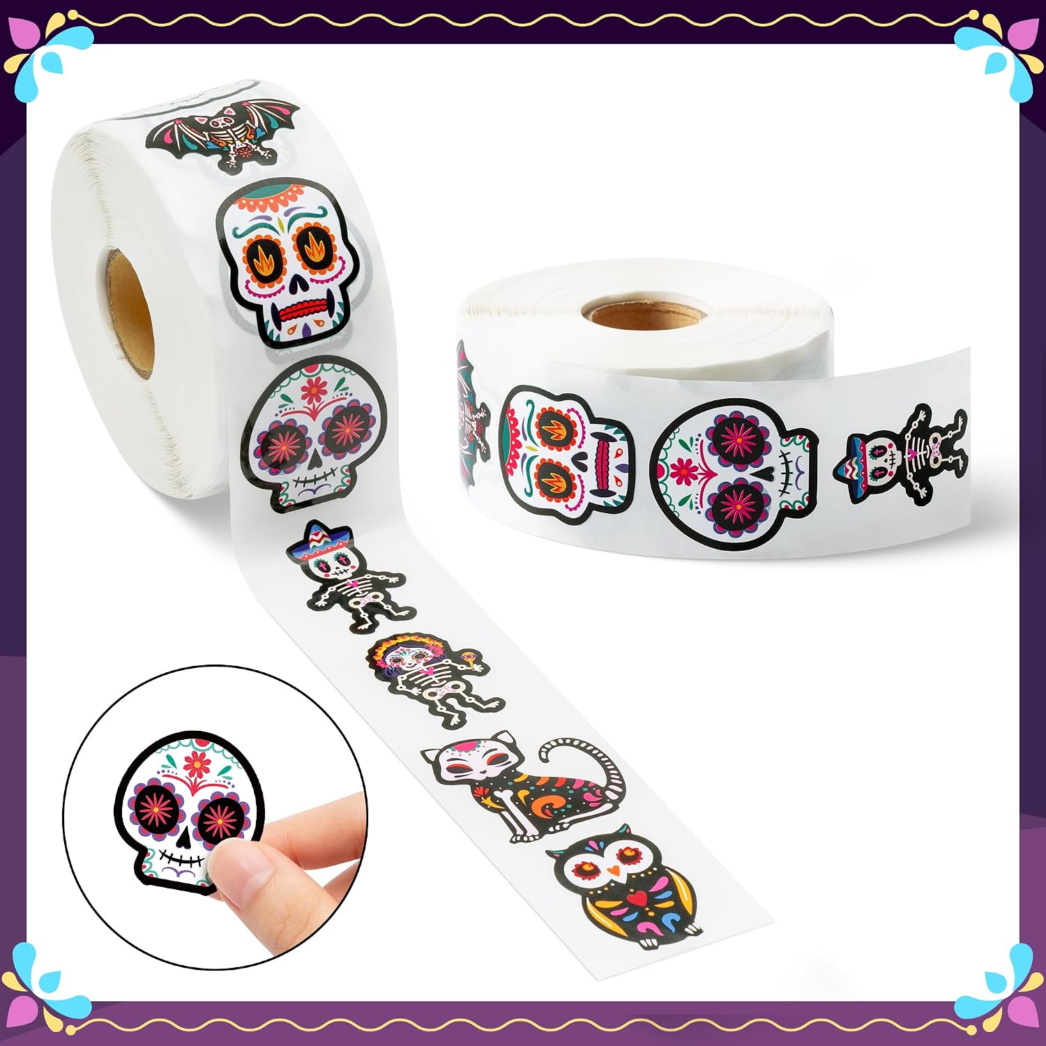 BeYumi 1000Pcs Day of The Dead Stickers Dia de Los Muertos Colorful Sugar Skull Skeleton Cat Stickers Waterproof Halloween Mexican Fiesta Stickers Decals for Laptop Water Bottle Kids Party Supplies