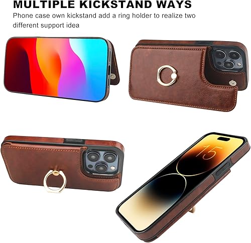 Miniatura 4 de Funda tipo cartera para iPhone 15 Pro con soporte para tarjetas, anillo de rotación de 360, función atril con bloqueo RFID, piel sintética, doble