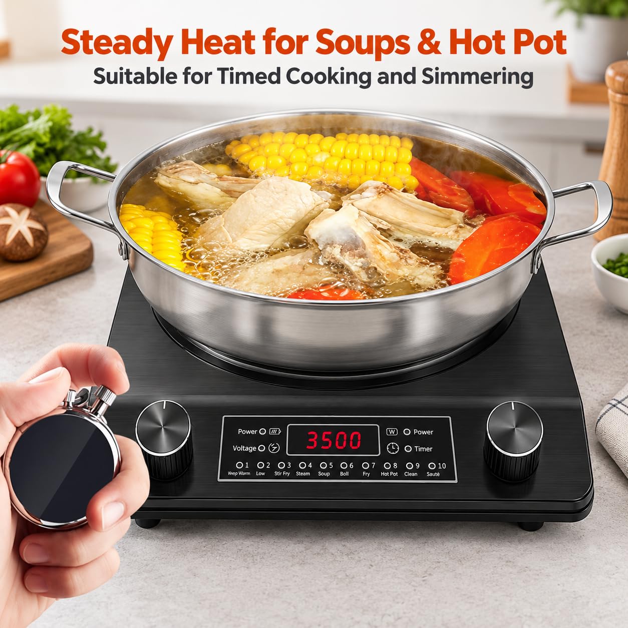 Plaque de cuisson à induction portable 3500 W avec design wok concave et 10