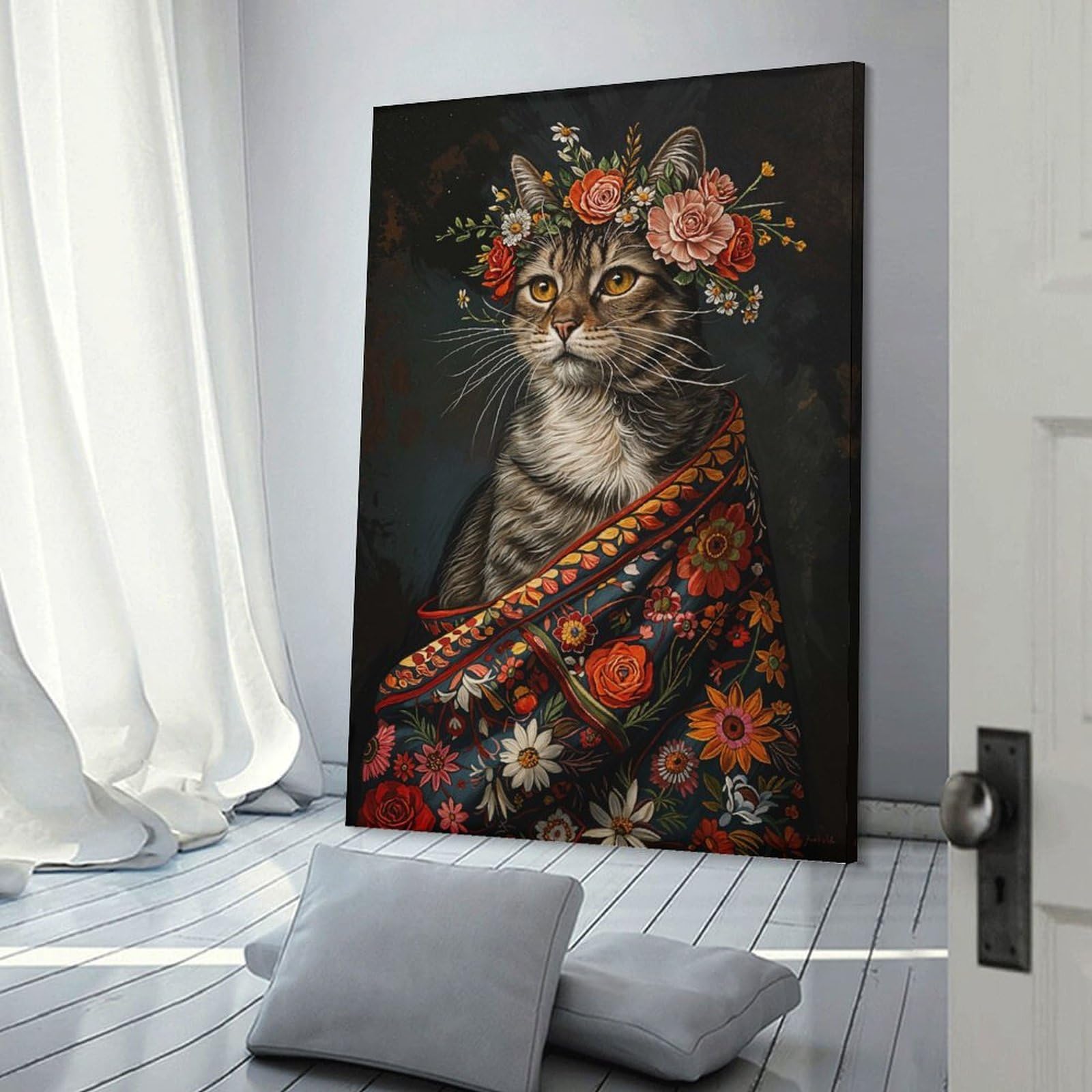 Junmoney Frame-Style-5 Cat With Flowers Home Decor Wall Art 24X36inch(60X90cm), For Hallway, Bedroom Or Modern Interiors, Canvas Artwork With Gifting Potential