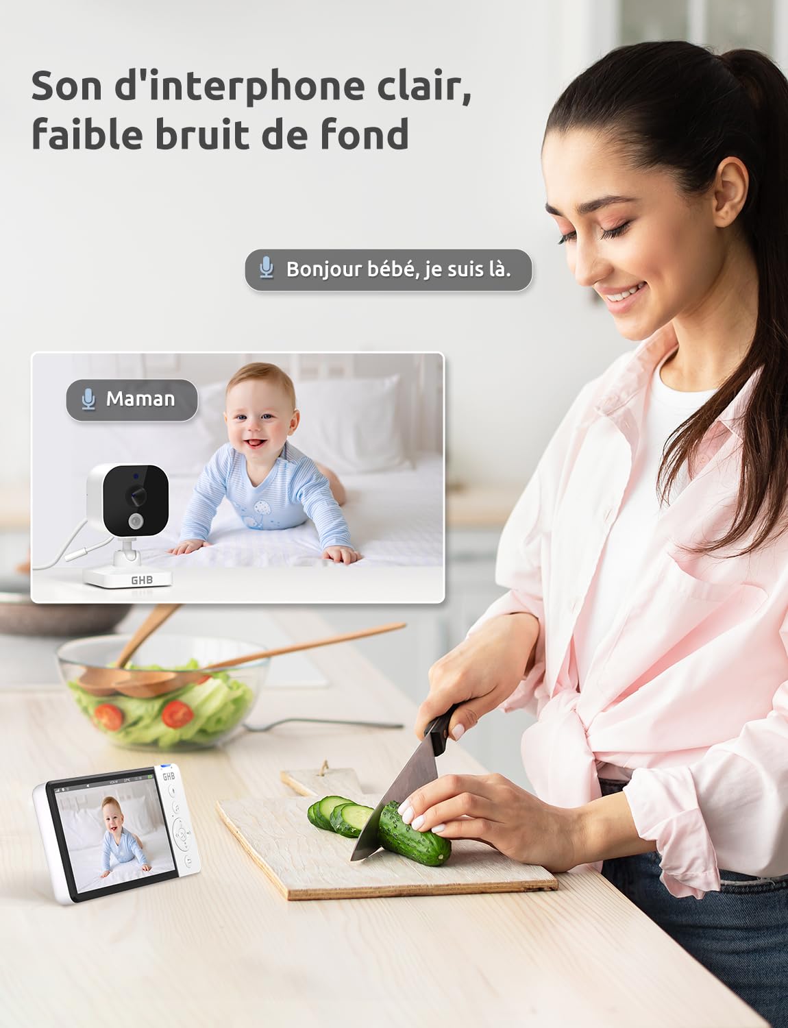 GHB Babyphone Camera Bebe Surveillance 5" 2,4 GHz 8 Berceuses Babyphones sans WiFi Baby Phone avec Camera VOX Mode Capteur de Température Communication Bidirectionnelle Vision Nocturne Non Rotation