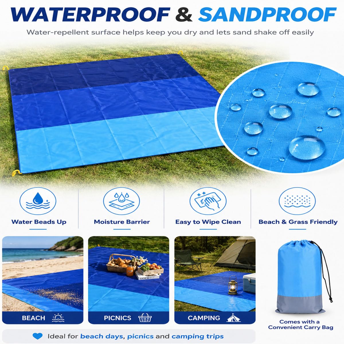 Grande Couverture De Plage Imperméable 200 X 210 Cm, Tapis De Pique-nique | Grand Tapis De Pique-nique Imperméable Et Résistant Au Sable Avec 4 Piquets De Sol, Sac De Transport Compact Et Surface Facil