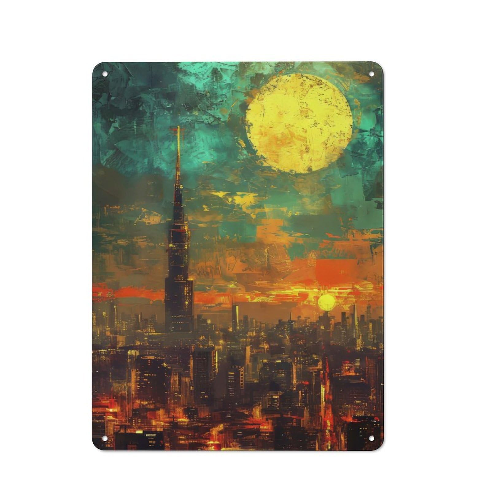 Country Country Metal Sign 40x30cm Featuring Cityscape with Tower And Moon Painting, Rustic Kitchen Decor for Cottage, Kitchen, Hallway Or Breakfast Nook