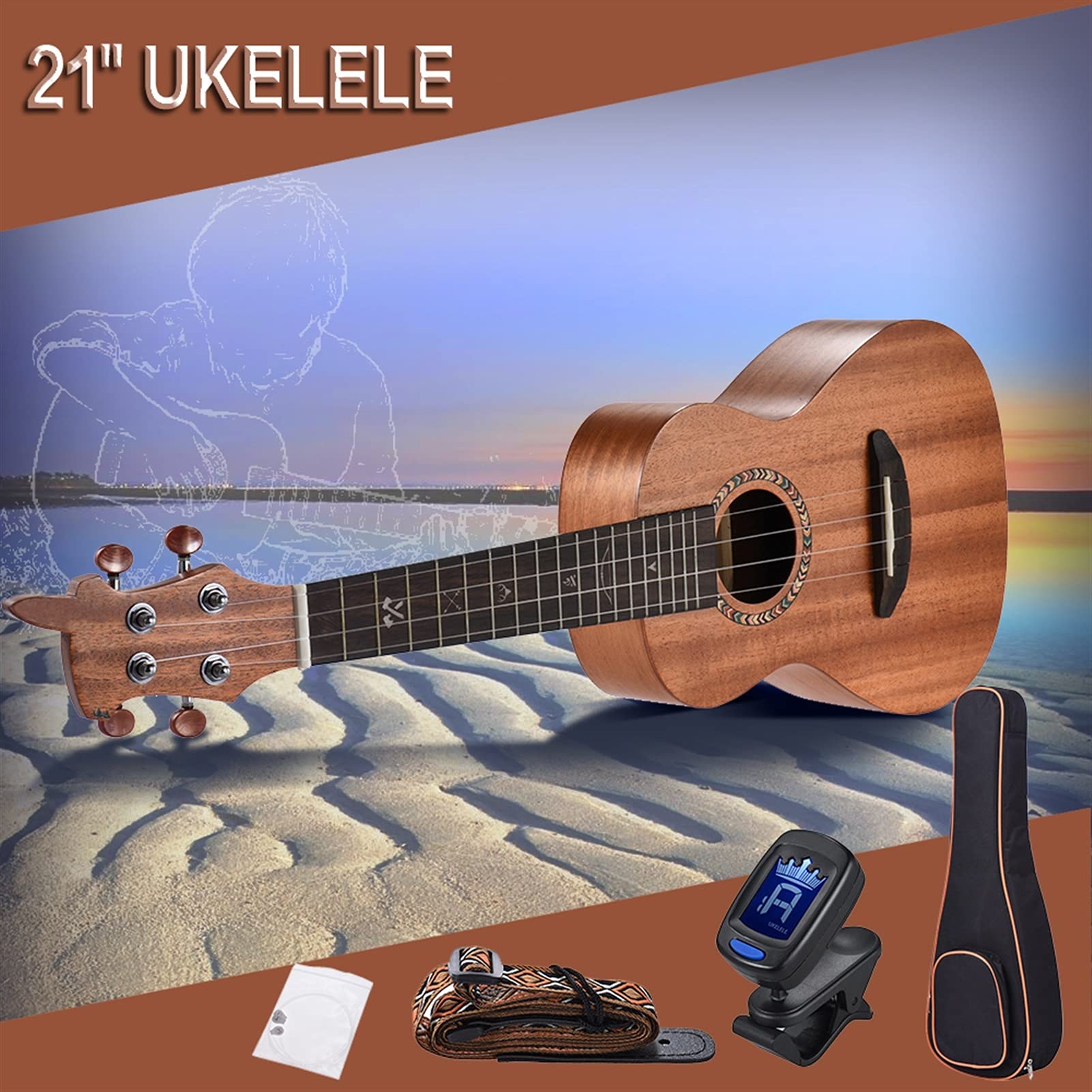 Ukulele koncertowe Początkujący Ukulele 21" zestaw Ukulele Akustyczny Ukulele Drewniany Sopranowy Ukelele Mahoń Drewna Węgla Struny Z Wyściełaną Torba Przenośna Struny Pasek Tuner