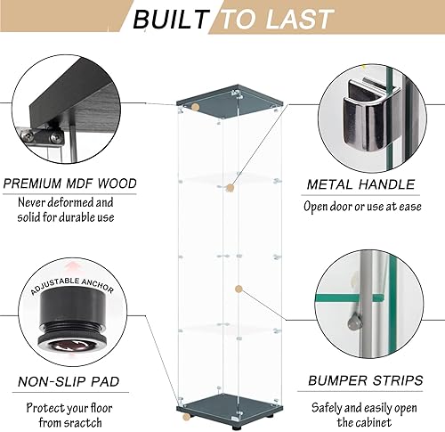 Miniatura 5 de Vitrina de cristal, 4 estantes, vitrina de cristal Curio con 1 puerta, estantería de vidrio de pie para sala de estar, dormitorio, oficina en casa,