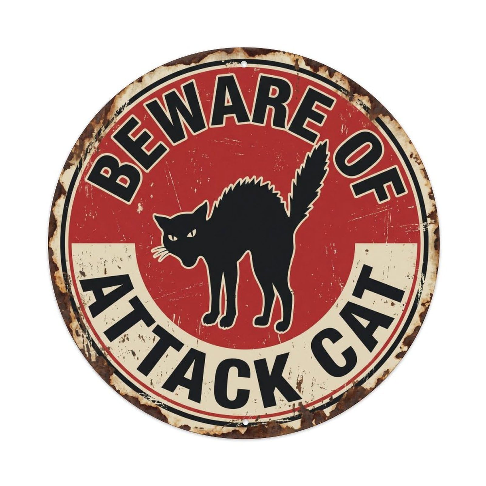 Vintage Funny Beware of Attack Cat Warning Metal Tin Sign