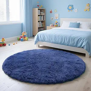 Blue Fluffy Round Area Rugs for Living Room,6'X6'Shag Circle Area Rugs for Bedroom,Non Slip Fuzzy Plush Rug for Kids Room Boys Girls Room and Dorm Home Decor Rug
