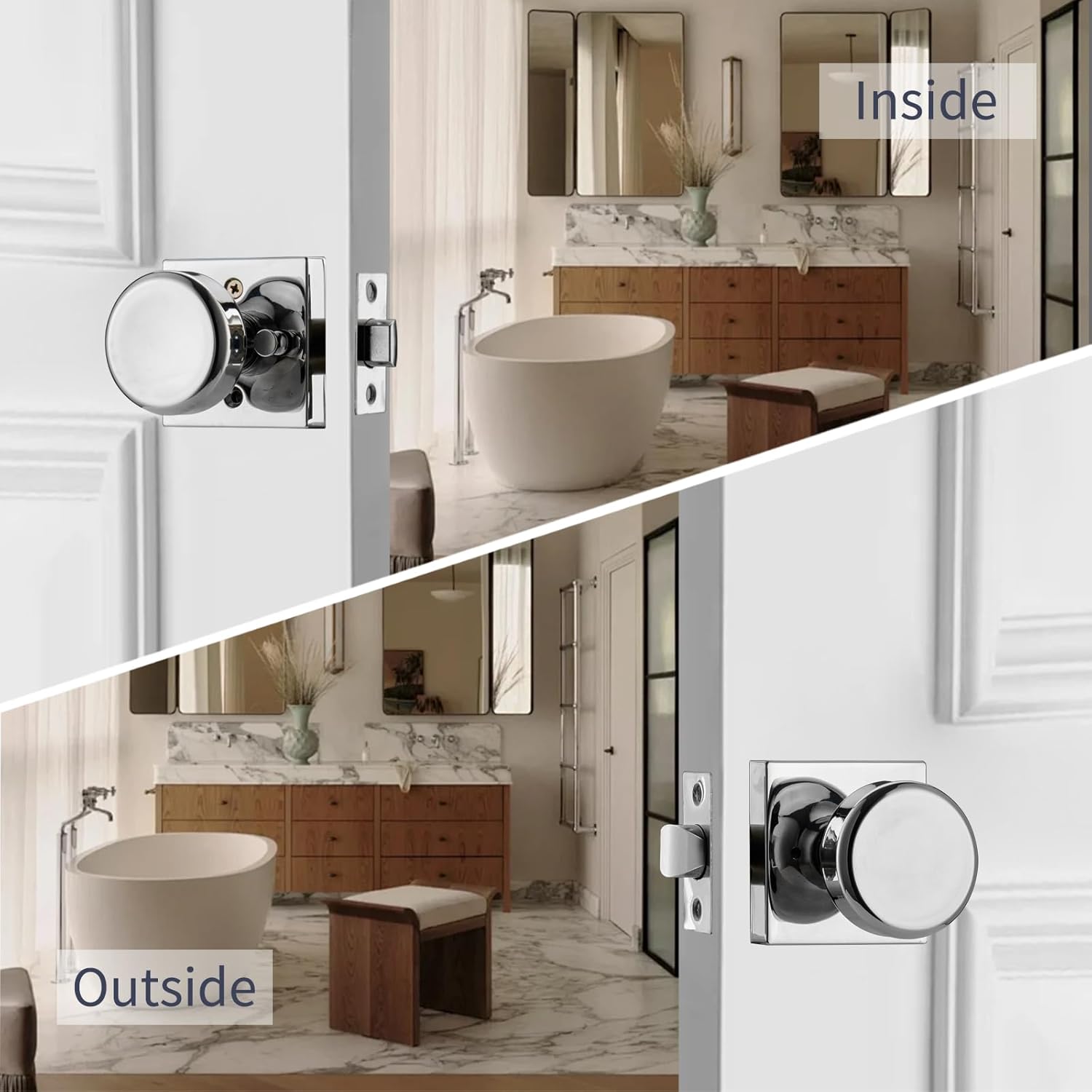 6 Pack Polished Chrome Door Knobs with Square Rosette, Interior Door Handles for Bath & Bed, Heavy Duty Door Knob with Lock