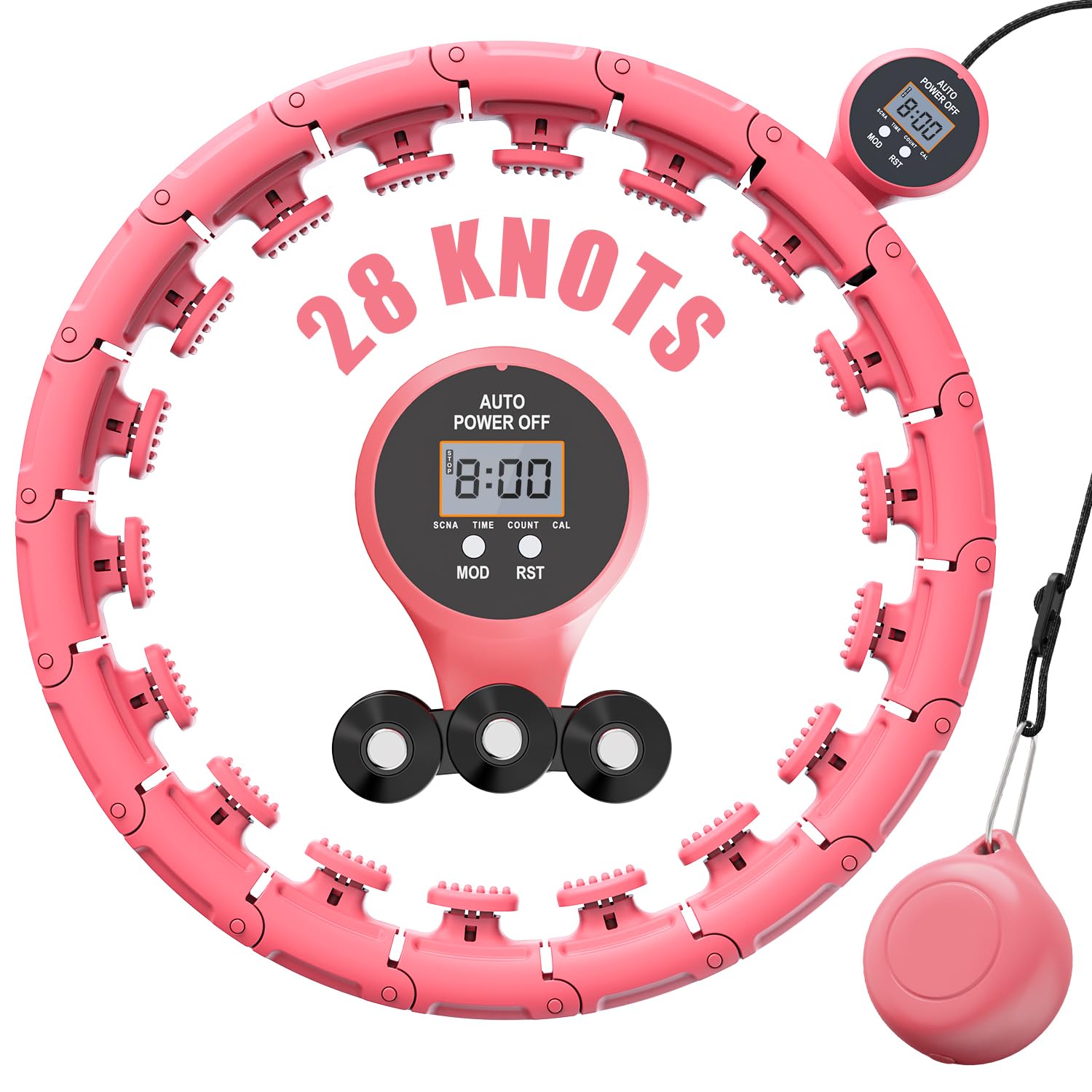FIVANGINSmart 28 Knots Detachable Weighted Hula Hoop[Counter, Weight Ball, Adjustable], Hula Hoop for Adults and Kids, Pinkish red