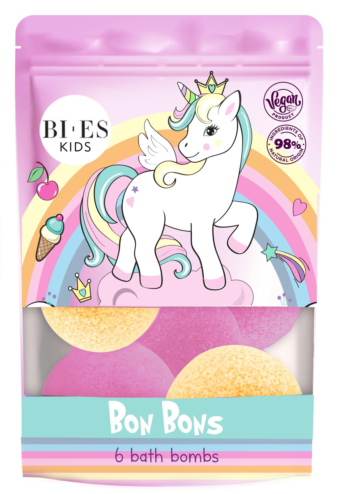 Unicorn Fizzing Bath Bombs - 6pcs with Bon Bons Fragrance, Vegan & Natural with Essential Oils - Safe, Gentle, and Fun Bath Time Treat for Adults and Children Aged 3+