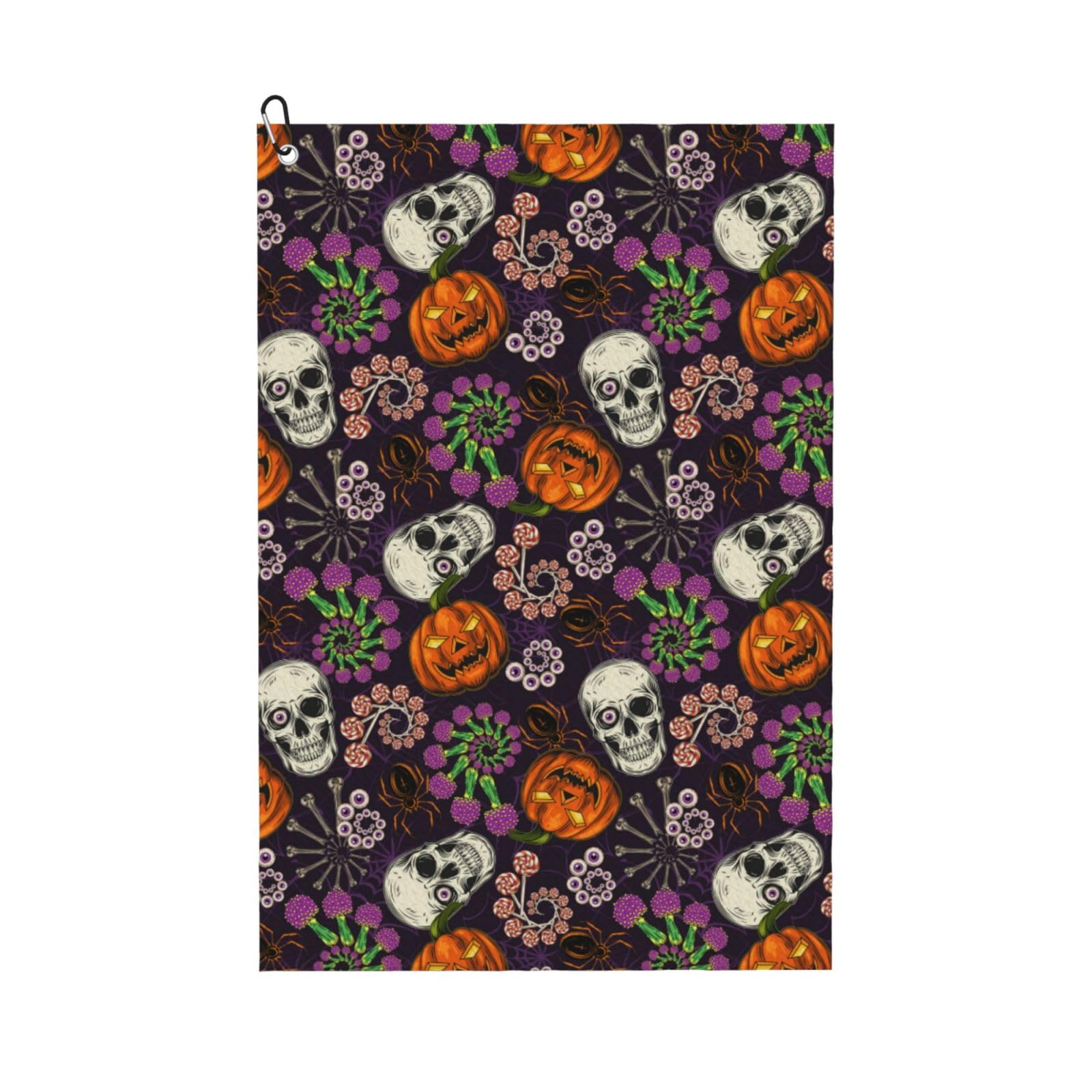 AOOEDM Halloween with Skull Print Golf Towel with Carabiner Clip Absorbent Microfiber Golf Towel for Cleaning Golf Ball Club Putter Iron for Golf Bag Trolly Belt Loop 16" X 24"