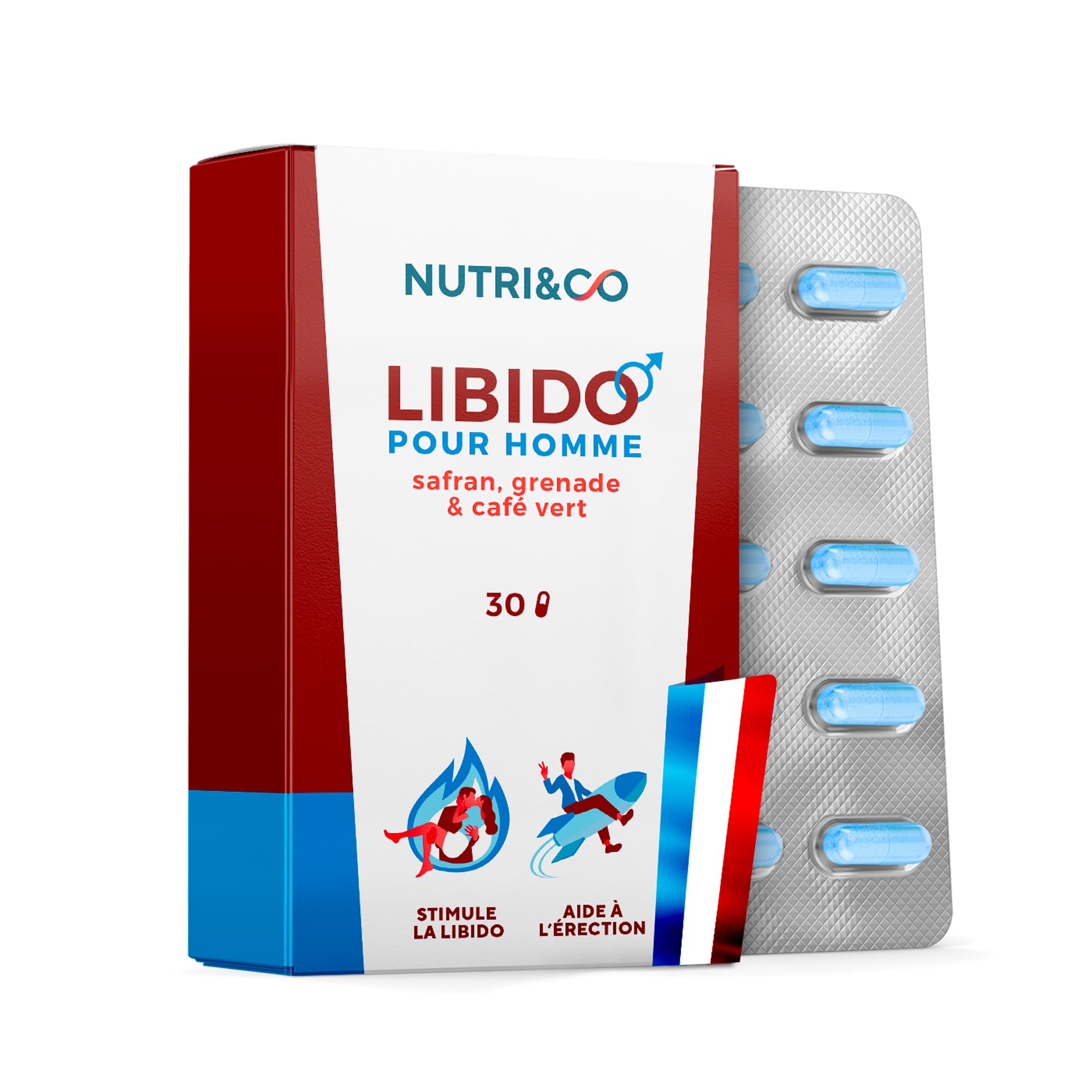 NUTRI & CO Libido Homme - Boosteur de Testostérone - Safran Grenade & Café Vert - Energie, Endurance, Performance Masculine - 30 gélules Vegan - Fabriqué en France