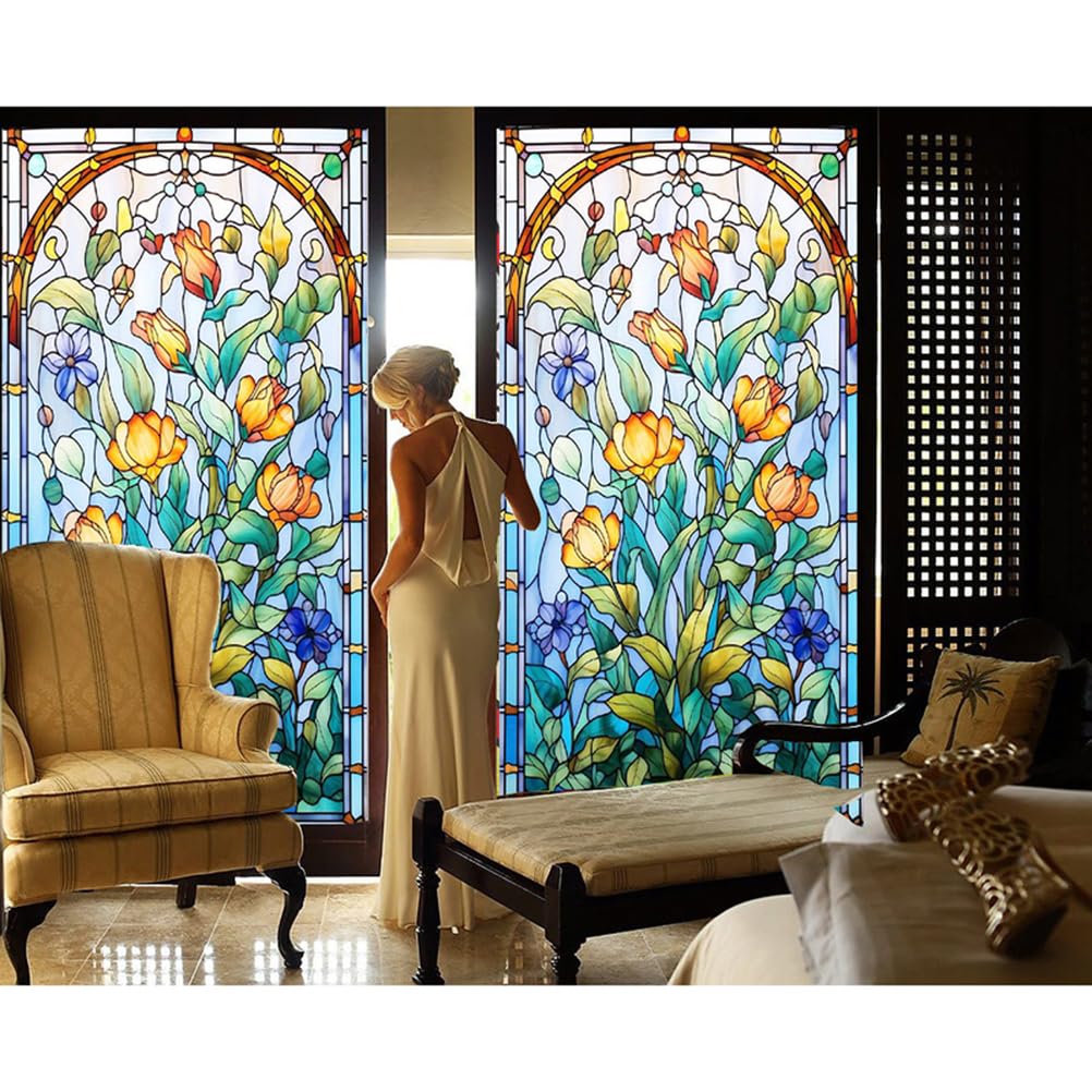 Buntglas Fensterfolie mit Blumenmuster, Statische Sichtschutzfolie ohne Kleber – Dekorative Farbige Glasfolie für Privatsphäre, (Blumendruck, Wiederverwendbar, Einfache Montage),A,60x100cm