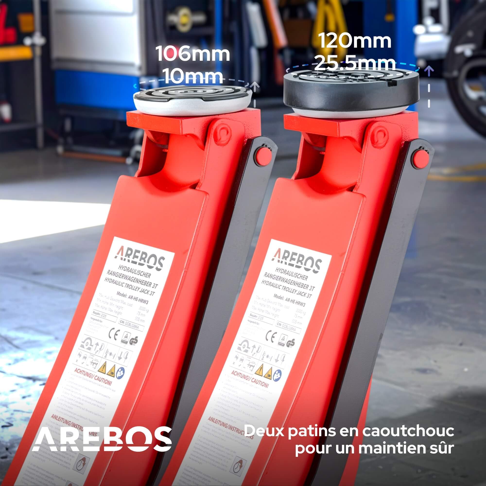 Arebos Cric hydraulique 3 t avec Une Hauteur de Levage de 85 à 500 mm, avec 3 Patins en Caoutchouc et Tige de Levier | Grande Bride de Fixation