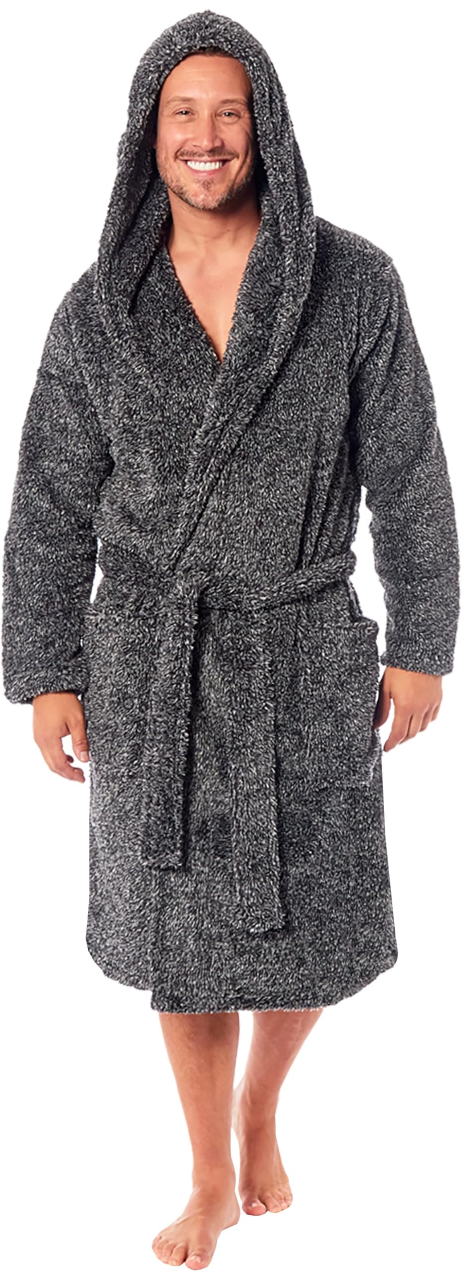 Snuggleme Men's Grey Dressing Gowns For | Super Soft Snuggle Hooded Dressing Gown | Warm And Cozy Fleece Nightwear Robe | Gifts For Him