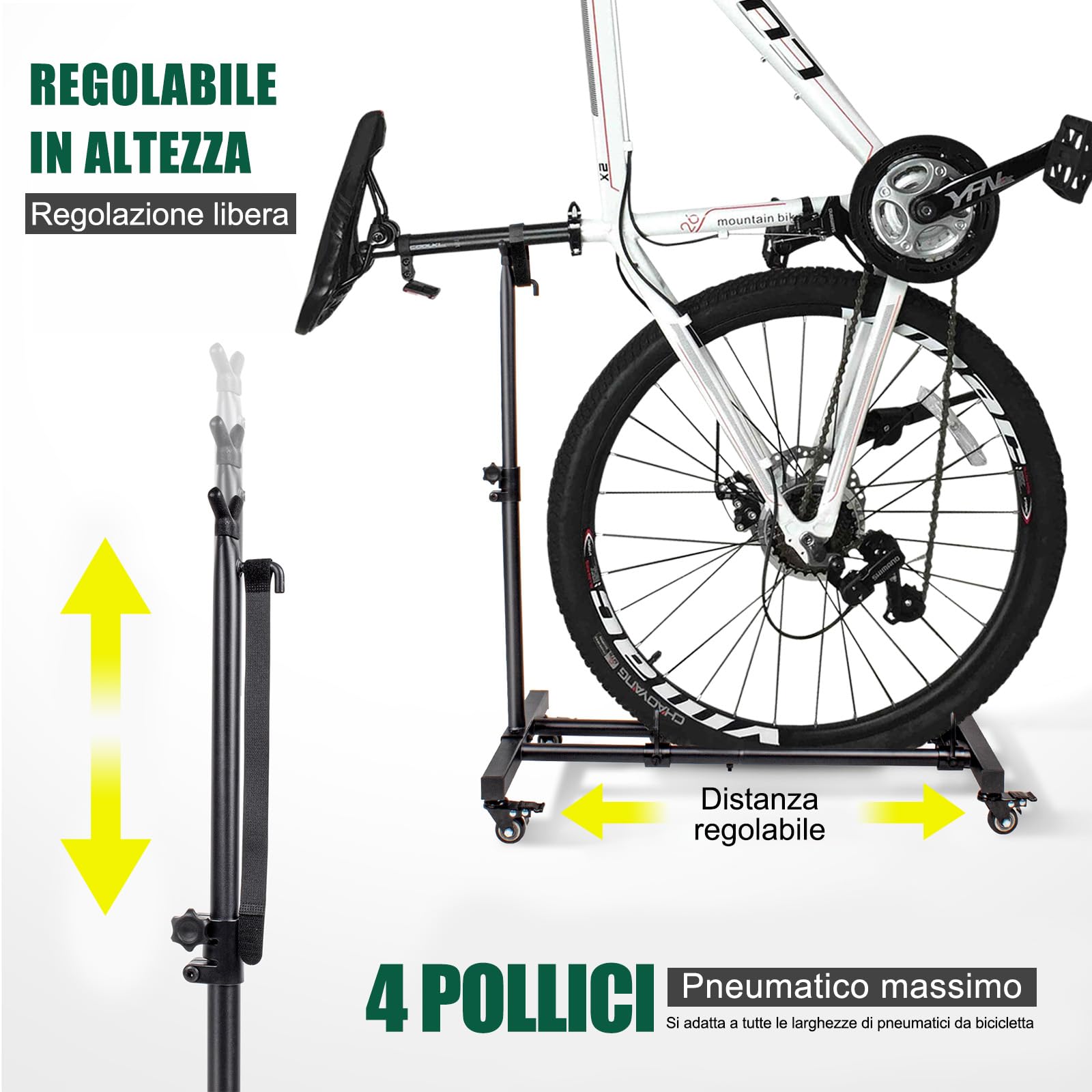 Mimoke Supporto verticale per bicicletta – Supporto da pavimento per bicicletta con ruote bloccabili, altezza regolabile, per tutti i tipi di biciclette fino a 4 pollici di larghezza del pneumatico,